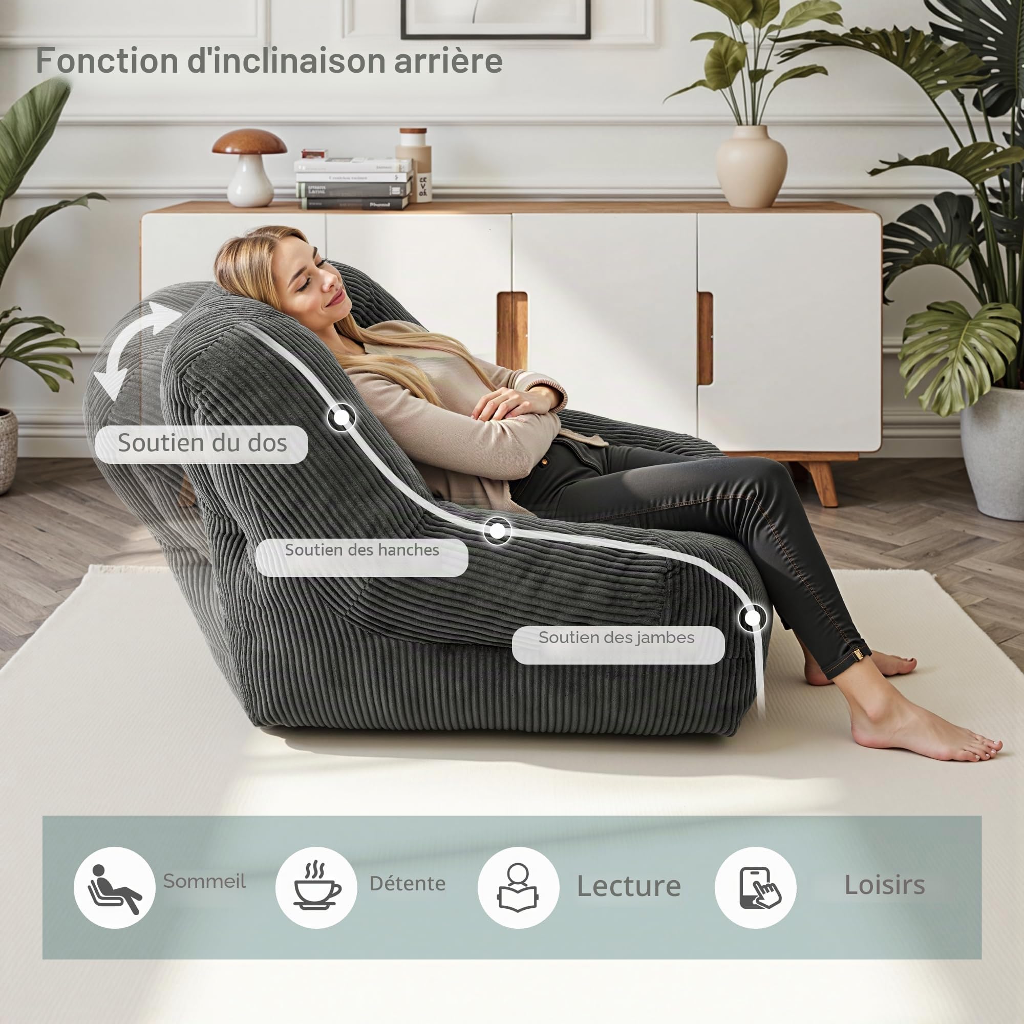 Pamapic Pouf Salon, Pouf Géant avec Éponge de Remplissage, Fauteuil Salon avec Poignée Portable & Fonction d’Inclinaison du Dossier, Idéal pour Salle de Jeux, Chambre, Design Ergonomique, Gris