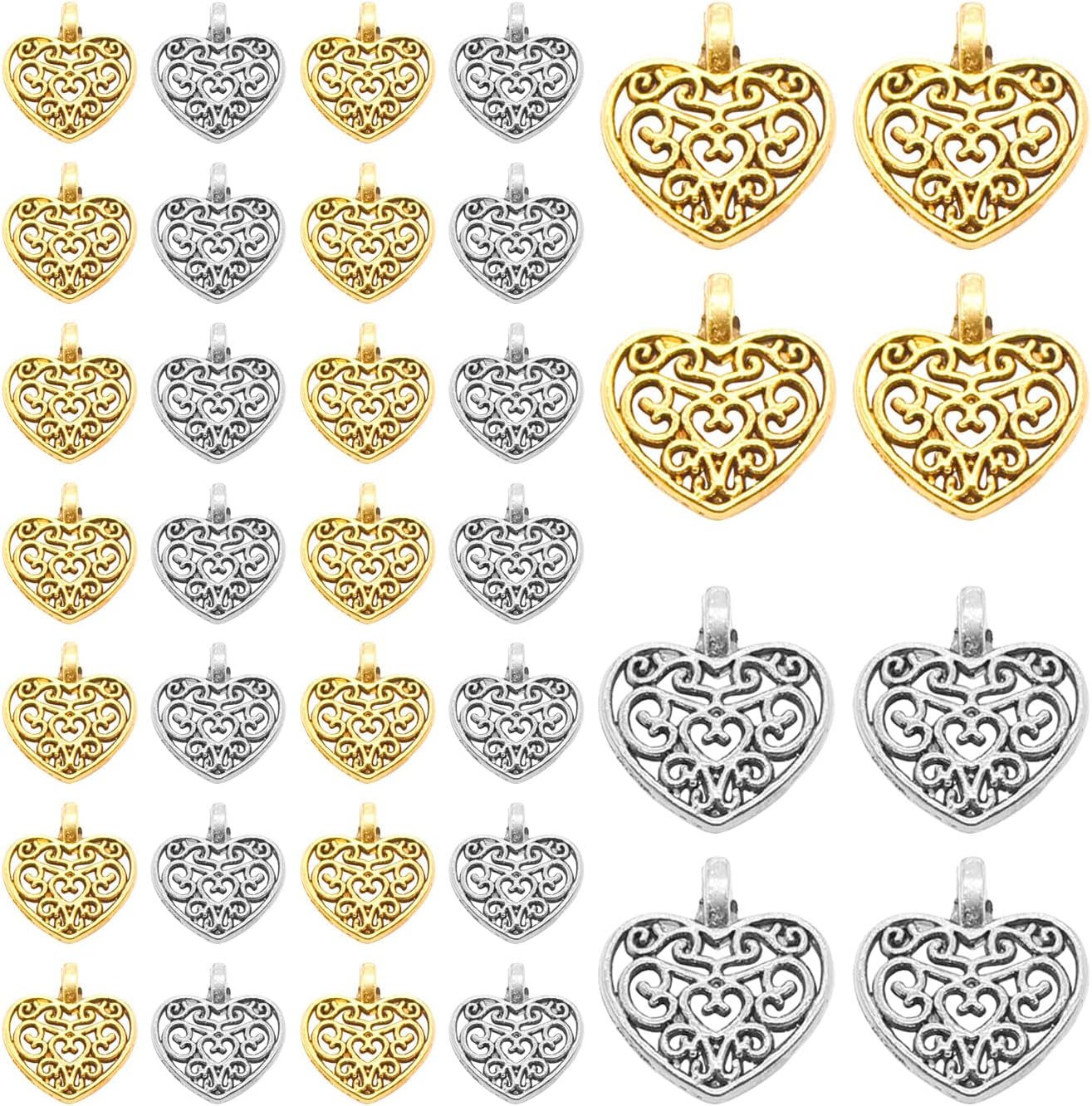 400PCS Alloy Hollow Heart Charms Pendant, Gold Sliver Antique Craft Charms Decoration Lovely Shiny Pendant Delicate Handcraft Accessory Gift DIY Ornaments for Bracelets Earring Necklace Jewelry Making