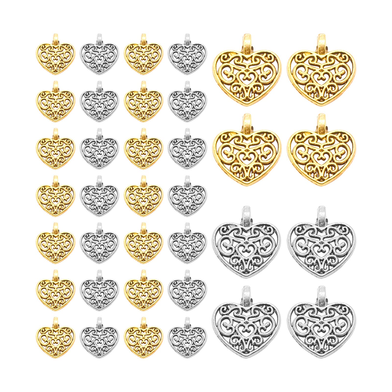 400PCS Alloy Hollow Heart Charms Pendant, Gold Sliver Antique Craft Charms Decoration Lovely Shiny Pendant Delicate Handcraft Accessory Gift DIY Ornaments for Bracelets Earring Necklace Jewelry Making