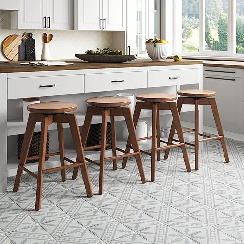 Miniatura 33 de Nathan James Barker Taburete de bar de altura de mostrador de madera maciza con cojín tapizado, taburete de isla sin respaldo con patas de madera de
