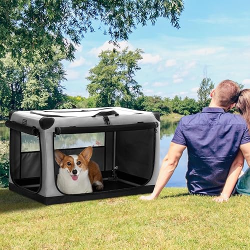 Vista 8 de PETSFIT Jaula plegable para perros, con cubierta de tela ajustable patentada, puertas de malla a prueba de mordeduras y con bloqueo, base Gris