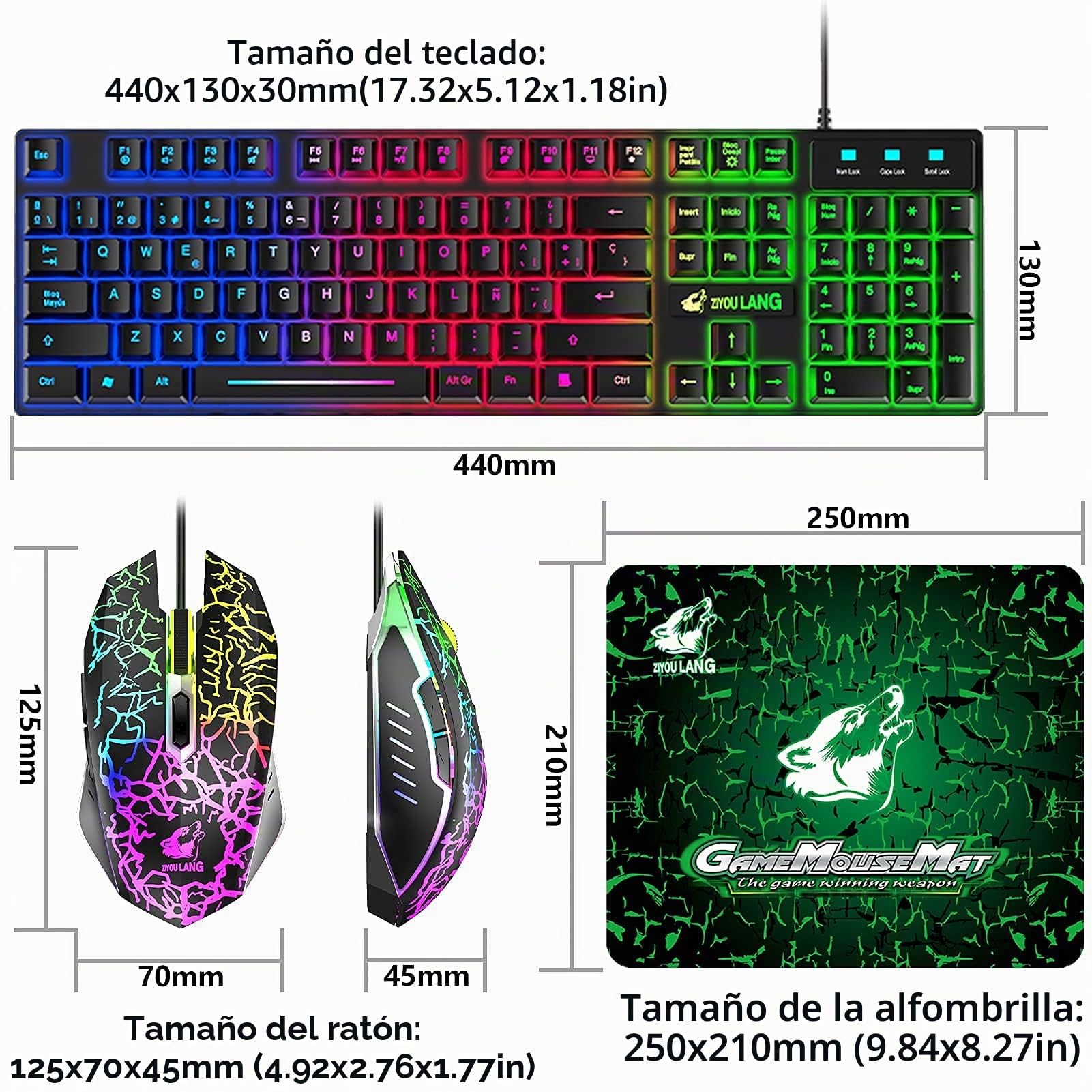 ZIYOU LANG T13 [Español QWERTY] Teclado y Raton Gaming Rainbow LED 104 Teclas para Teclado Mecanico Sentir Gamer 2400 dpi Retroiluminado Raton con Alfombrilla para PS5 PC Laptop Mac - Negro