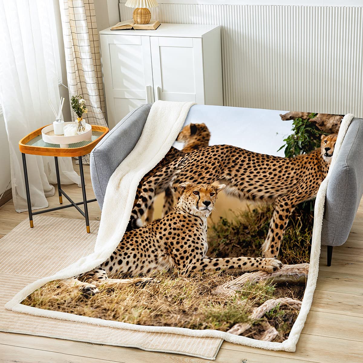 Leopard Sherpa Blanket Cheetah California Fleece Throw Blanket for Kids Boys Girls Safari Wildlife Field Wild Wood Teen for Sofa Bed Tan Black,King 87x94 Inch