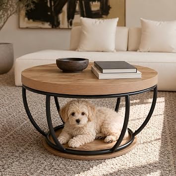 31" Round Coffee Table with Storage, 2-Tier Circle Coffee Table with Curved Metal Frame, Wood & Metal Center Table for Living Room, Small Space Modern Accent Table, Black & Rustic Brown