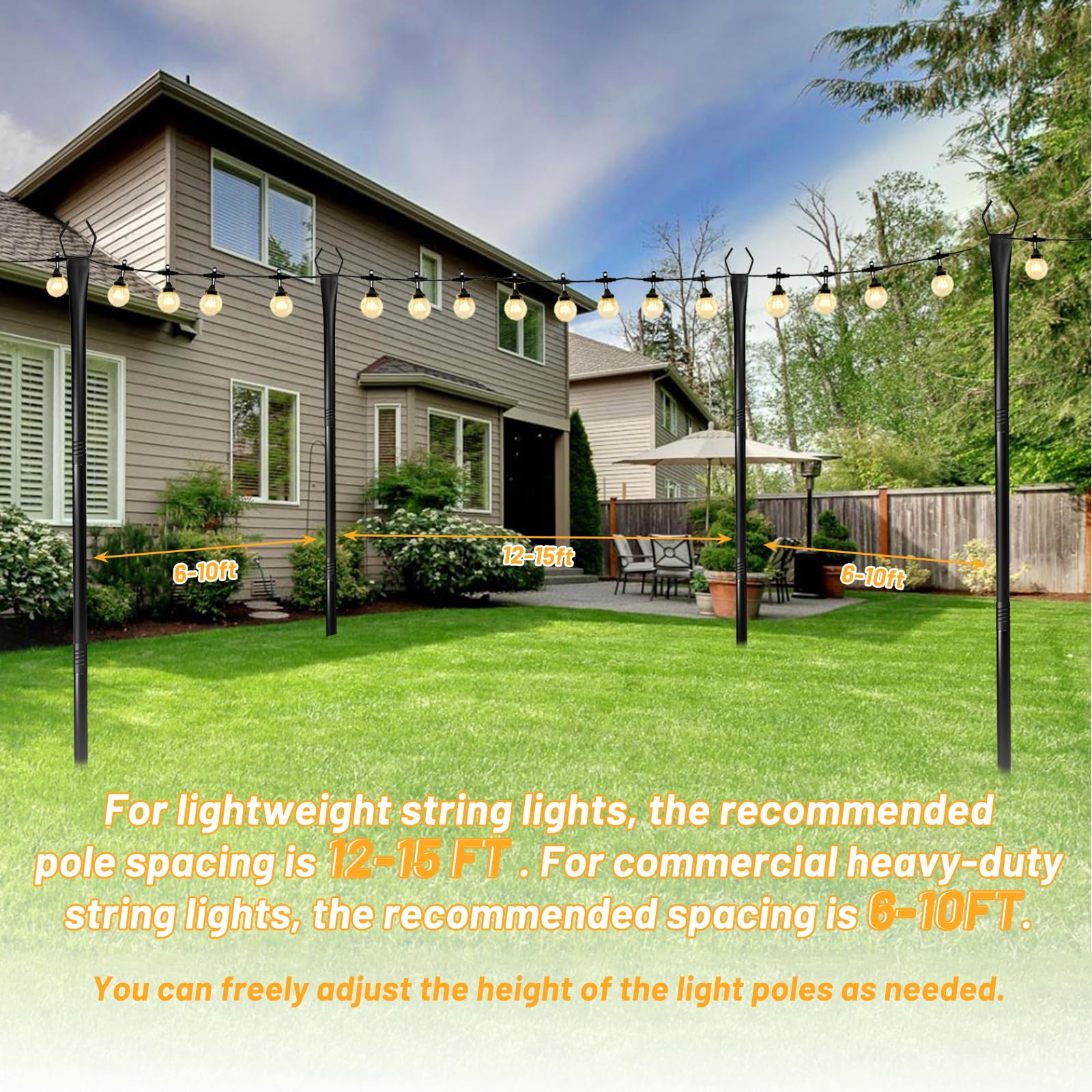 Confezione da 4 pali luminosi regolabili in metallo da 3 m, con forchetta per luci esterne, supporto per luci da esterno per patio, terrazza, cortile, giardino, feste, matrimoni