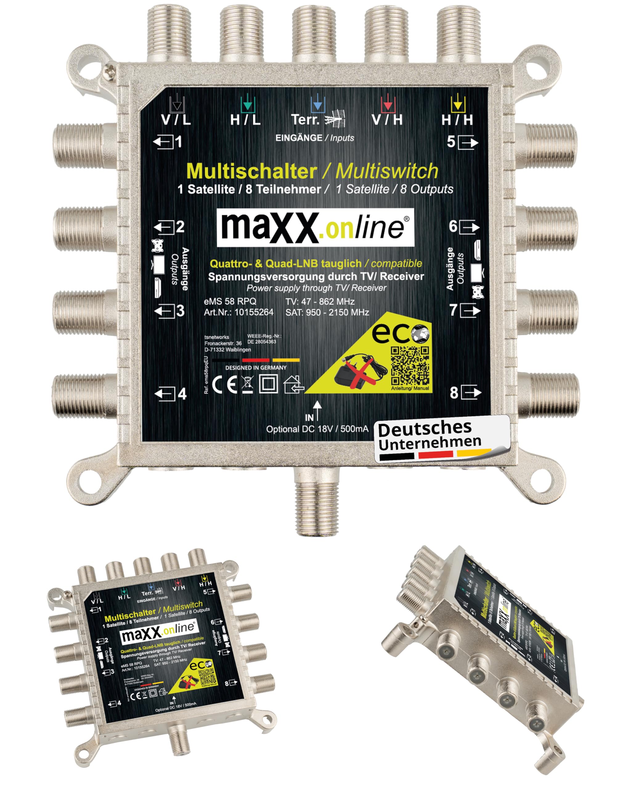 Multiconmutador 8 participantes, 1 satélite, apto para Quad y Quattro LNB, no necesita fuente de alimentación, multiconmutador satélite, multiconmutador múltiple