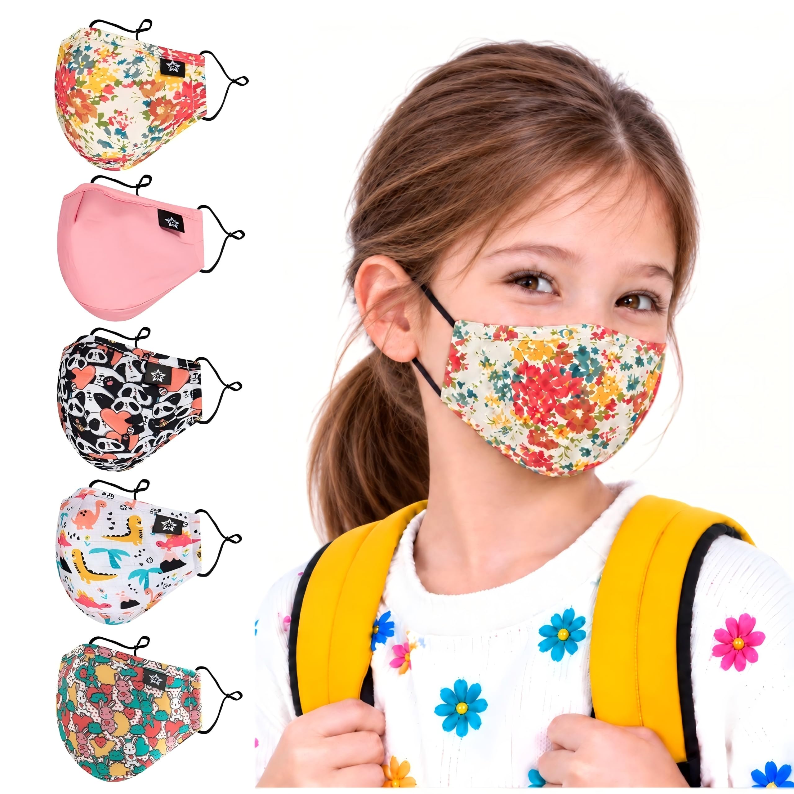 SPRING SEAON Kids Cotton Face Covering 5 Pack Washable Reusable Adjustable