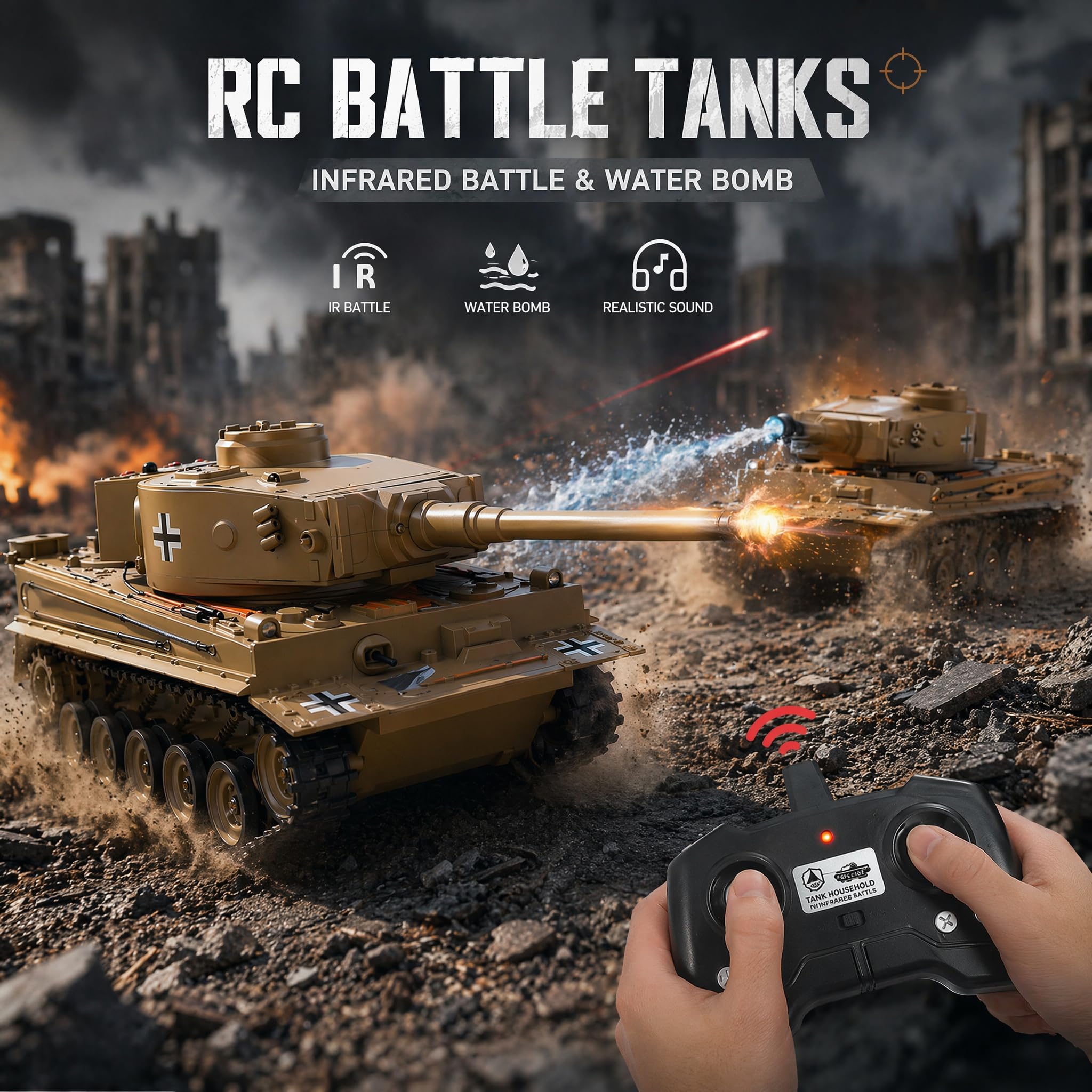 Tanque RC Tiger WWII 1:22 – Infrarrojos Disparo Agua Humo Sonido LED 2.4GHz | Tanque Teledirigido Militar Juguete Regalo Niño 8 Años Combate