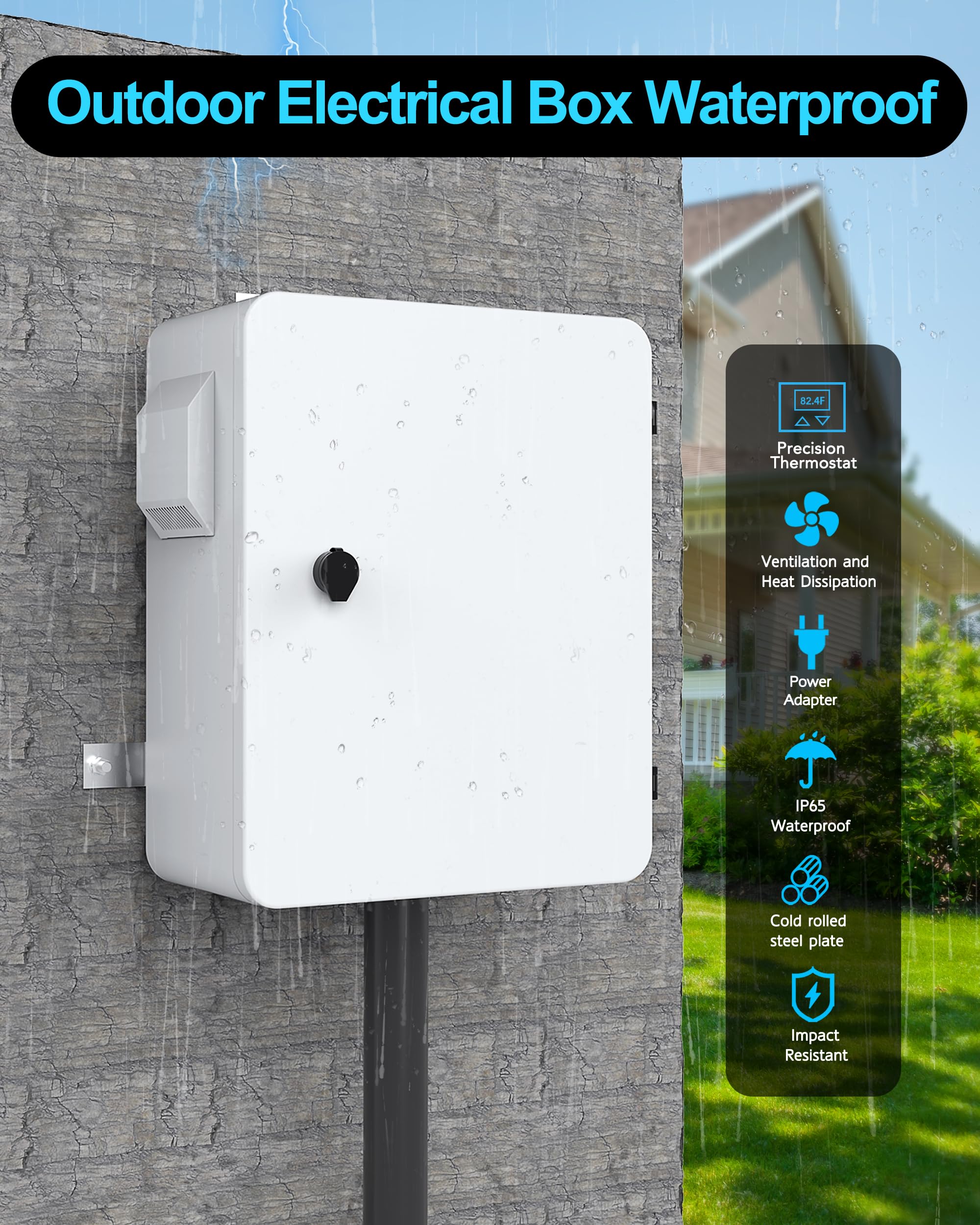 Caja eléctrica para exteriores con termostato y ventilador, control preciso de temperatura de -17.7 °C, clasificación IP65 resistente al agua, acero galvanizado, haz trasero de aluminio (19.7