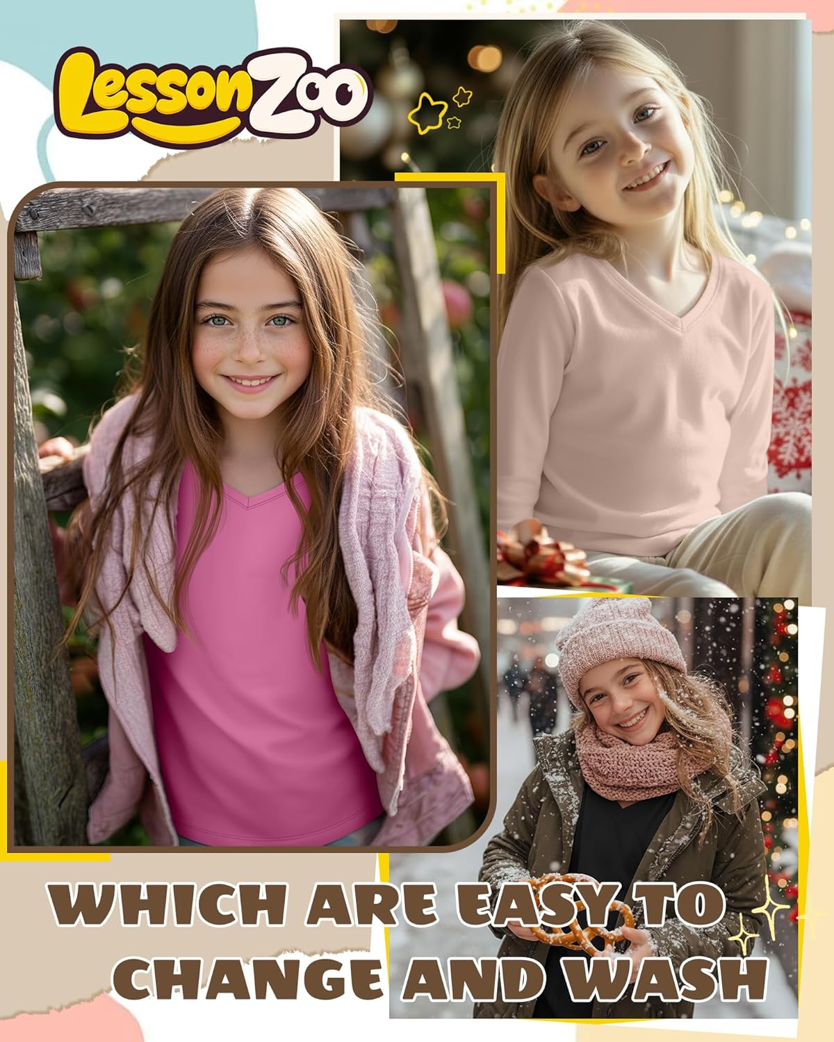 3 Pack Girl's Long Sleeve Shirts, Soft V Neck Kids Tops Fall Loose Fit Basic Tee Casual T Shirts for 3-16 Years(Apricot Pink, Pink, Black,7-8 Years) - Image 5