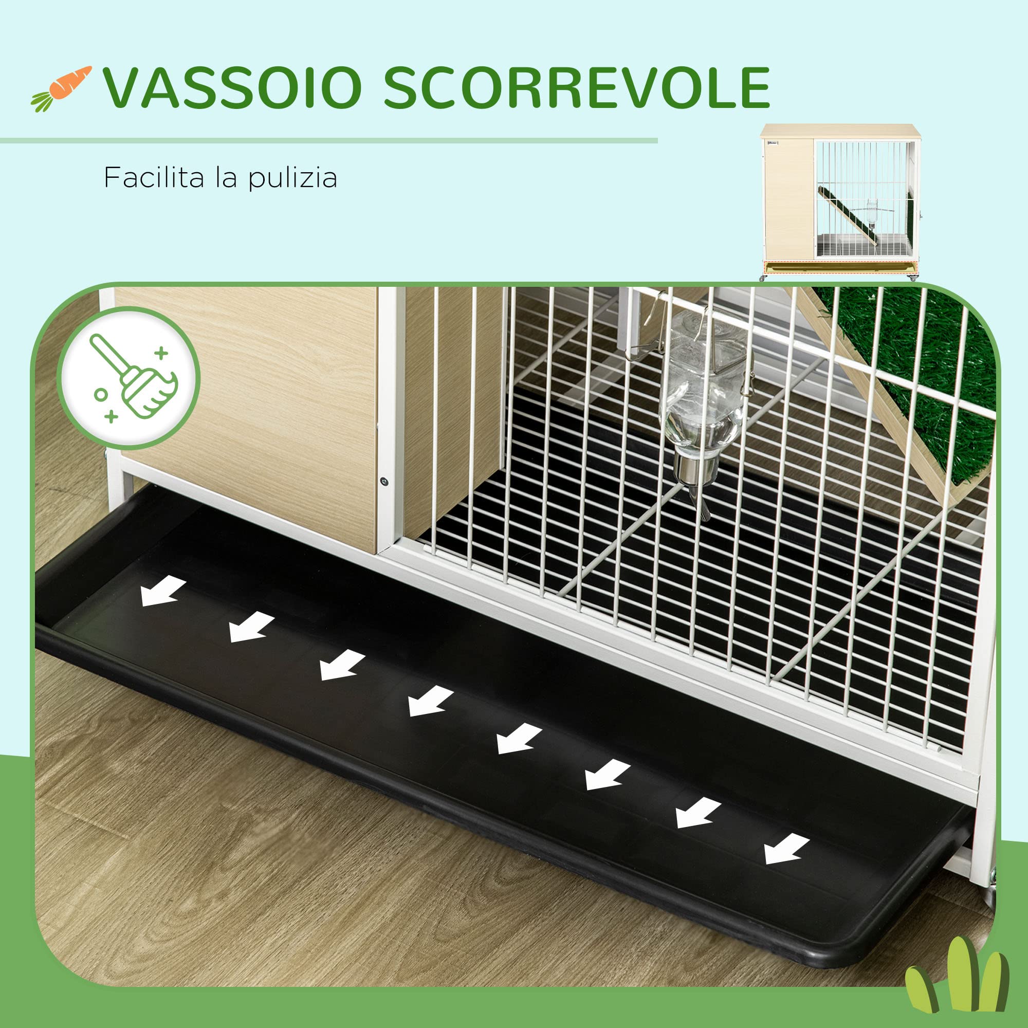 PawHut 2 IN 1 Conigliera in Truciolato e Acciaio con Vassoio Estraibile e Serbatoio d'Acqua, 78x52.5x76.5 cm