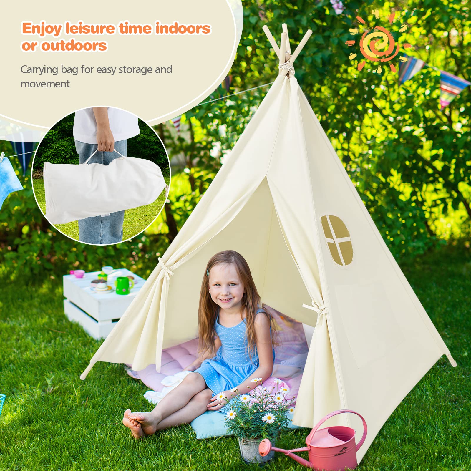 GLACER Teepee Tent for Kids, 100% Cotton Play Tent with Carry Bag, Side Pocket, Window, Foldable Toddler Tents for Indoor Outdoor Games, Gift for Boys & Girls