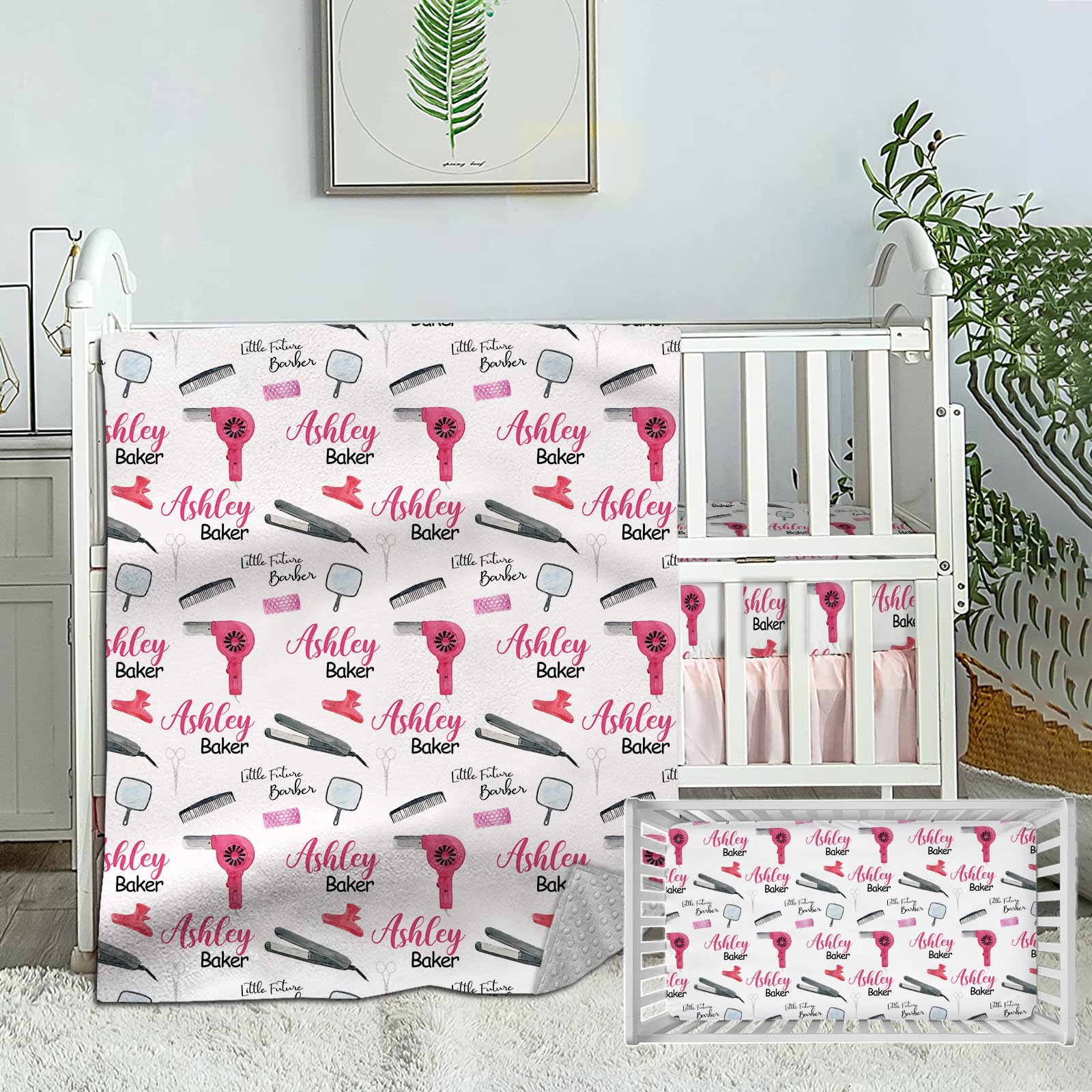 Munific Personalized Crib Bedding Set for Baby Boys Girls, Custom Baby Crib Bedding Sets with Name, Future Barbers 2 Piece Nursery Bedding Sets, Name Crib Comforter Fitted Sheets for Babies