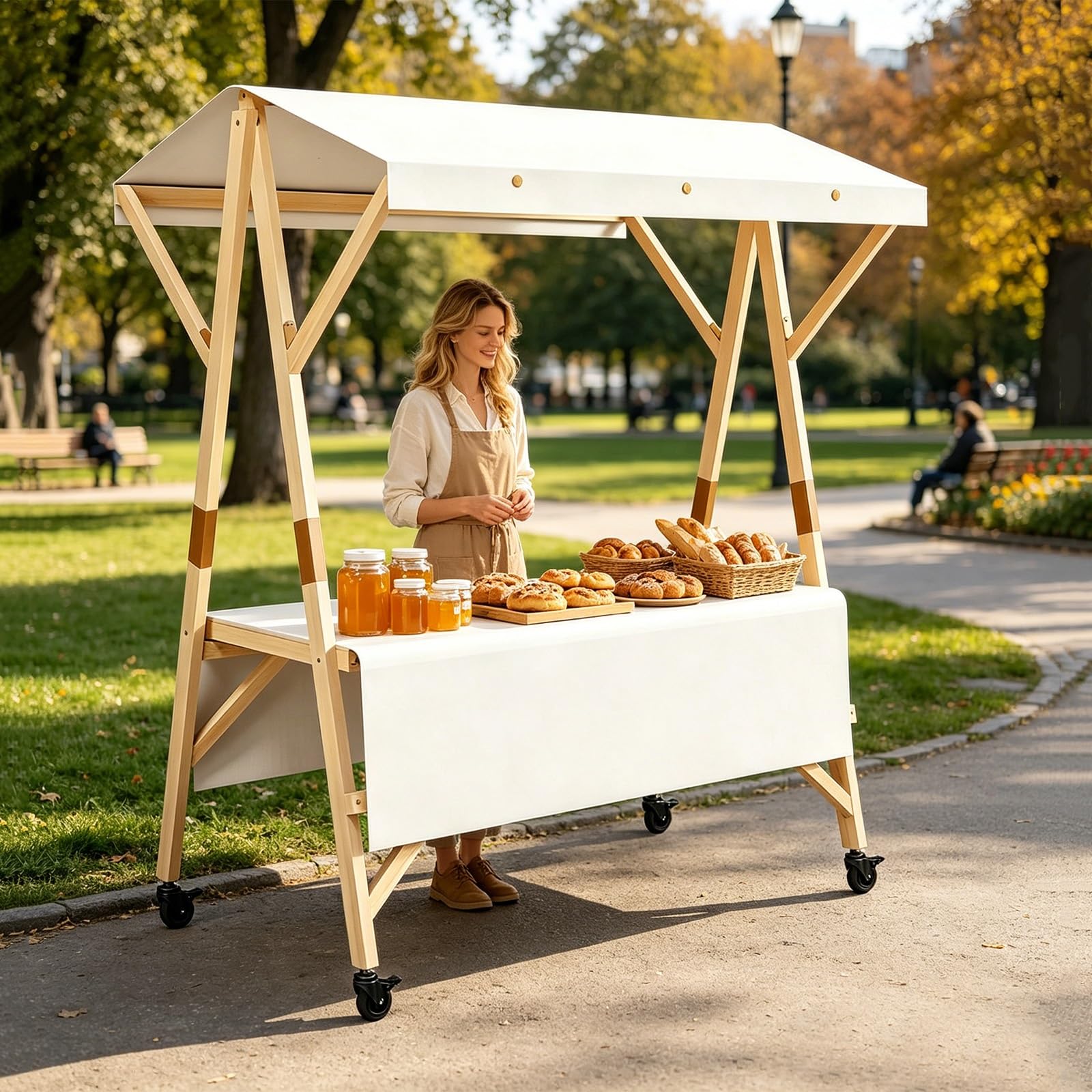 HARELA Genérico Puesto de Mercado con Toldo y Ruedas, Carrito de Comida callejera de Madera, Carro de Venta Ambulante para Perritos Calientes/Salchichas/Pan(White,120cm/47.2in)