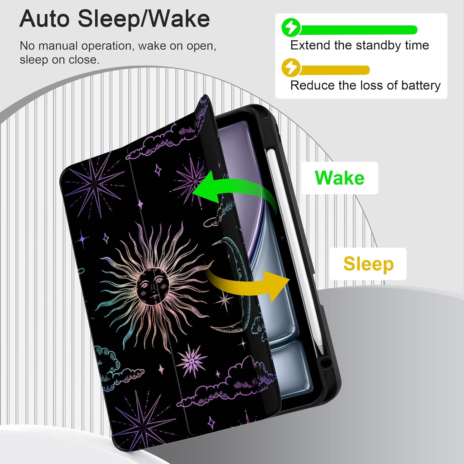 DONGKE for iPad Air 13 Inch Case M3 2025, M2 2024 - [Built-in Pencil Holder] Slim Trifold Stand Shockproof Protective Cover with Soft TPU Back Support Auto Sleep/Wake - Sun & Moon - Image 5