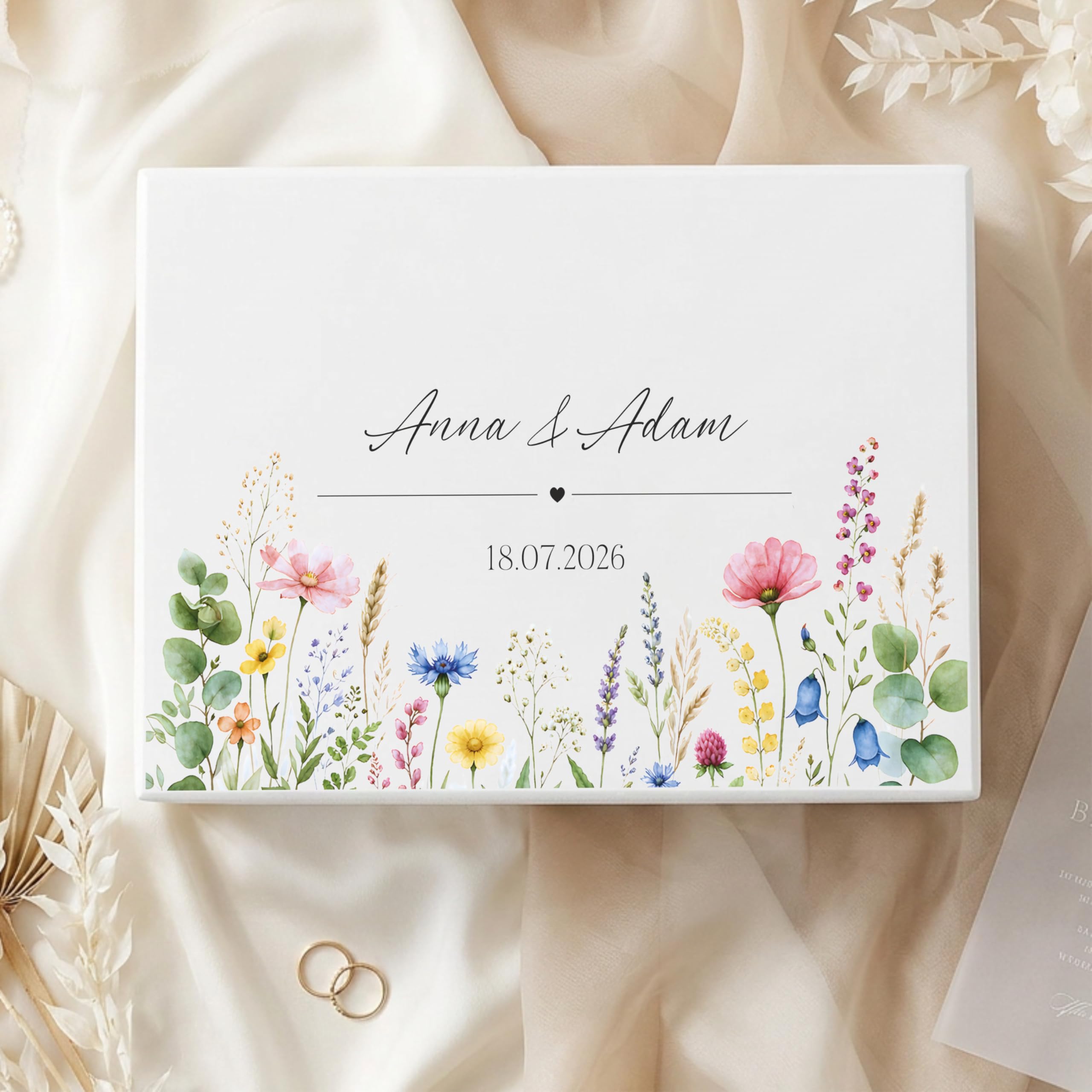 Creative DECO Personalizada Caja de Regalos Originales para los Novios Boda | Regalo Blanca | Caja Madera de Recuerdos Especiales | Parejas Aniversario Matrimonio | Motivo Flores Nombres Fecha