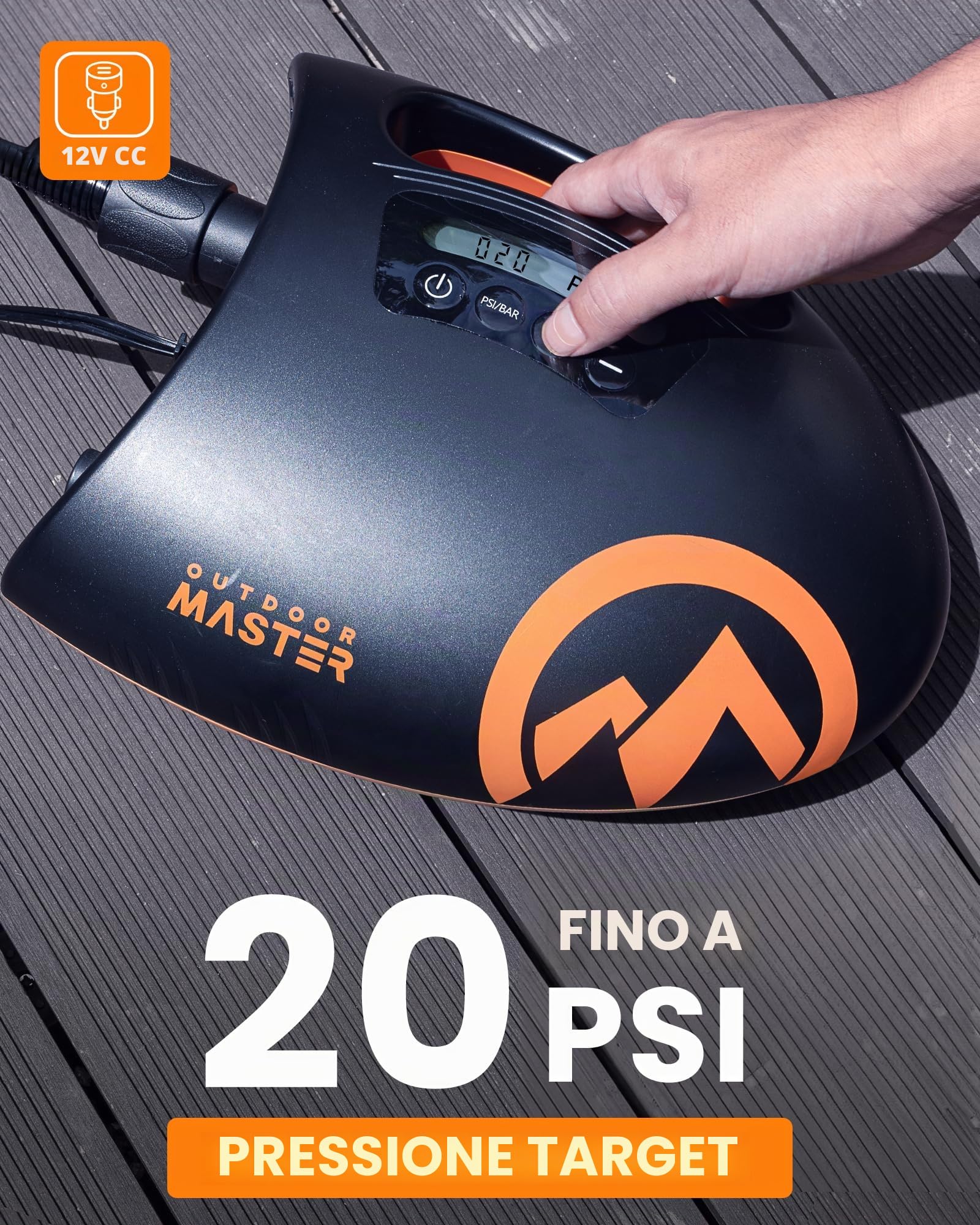 OutdoorMaster The Shark Pompa ad aria elettrica SUP ad alta pressione con 20 PSI 12 V DC Sistema di raffreddamento attivo intelligente a due stadi per gonfiare paddle board barche