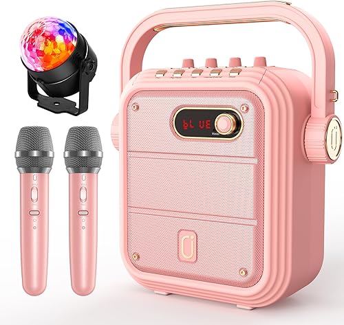 JYX Máquina de karaoke con 2 micrófonos y luz de discoteca, altavoz de karaoke rosa con ajuste de agudosbajos, sistema PA de altavoz Bluetooth con