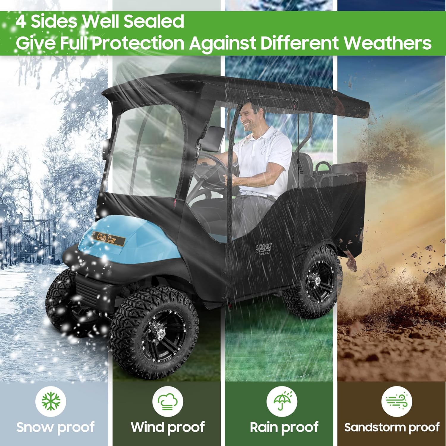 10L0L Golf Cart Driving Enclosure for 4 Passenger Club Car Precedent 94.5'' L Extended Roof Deluxe 600D Waterproof Windproof Heavy Duty Rain Cover with 4 Doors Clear PVC Side Mirror Openings