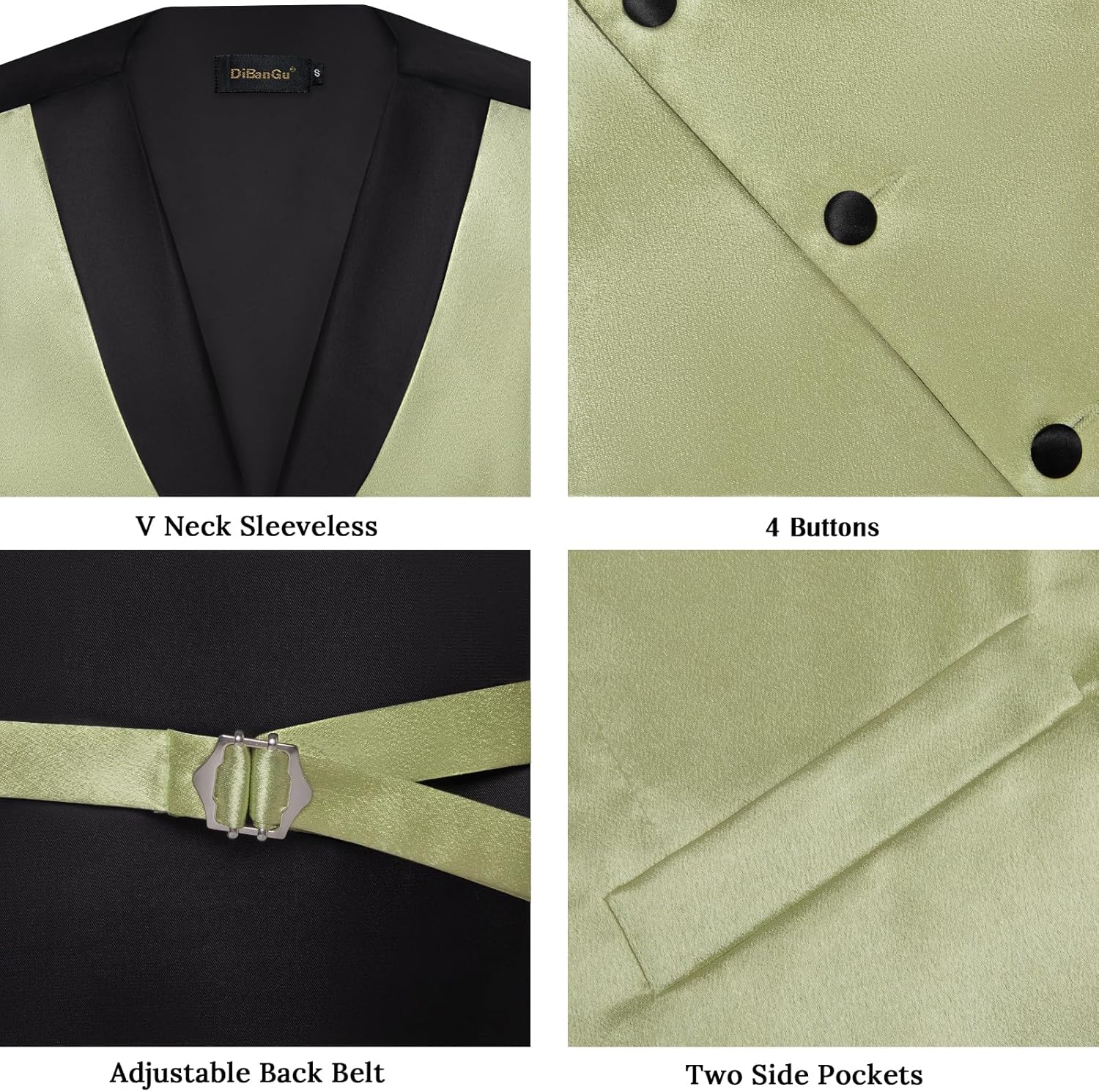 DiBanGu Mens Vest Formal Solid Color Waistcoat and Tie Pocket Square Set Satin Shawl Lapel Dress Vest Wedding Business
