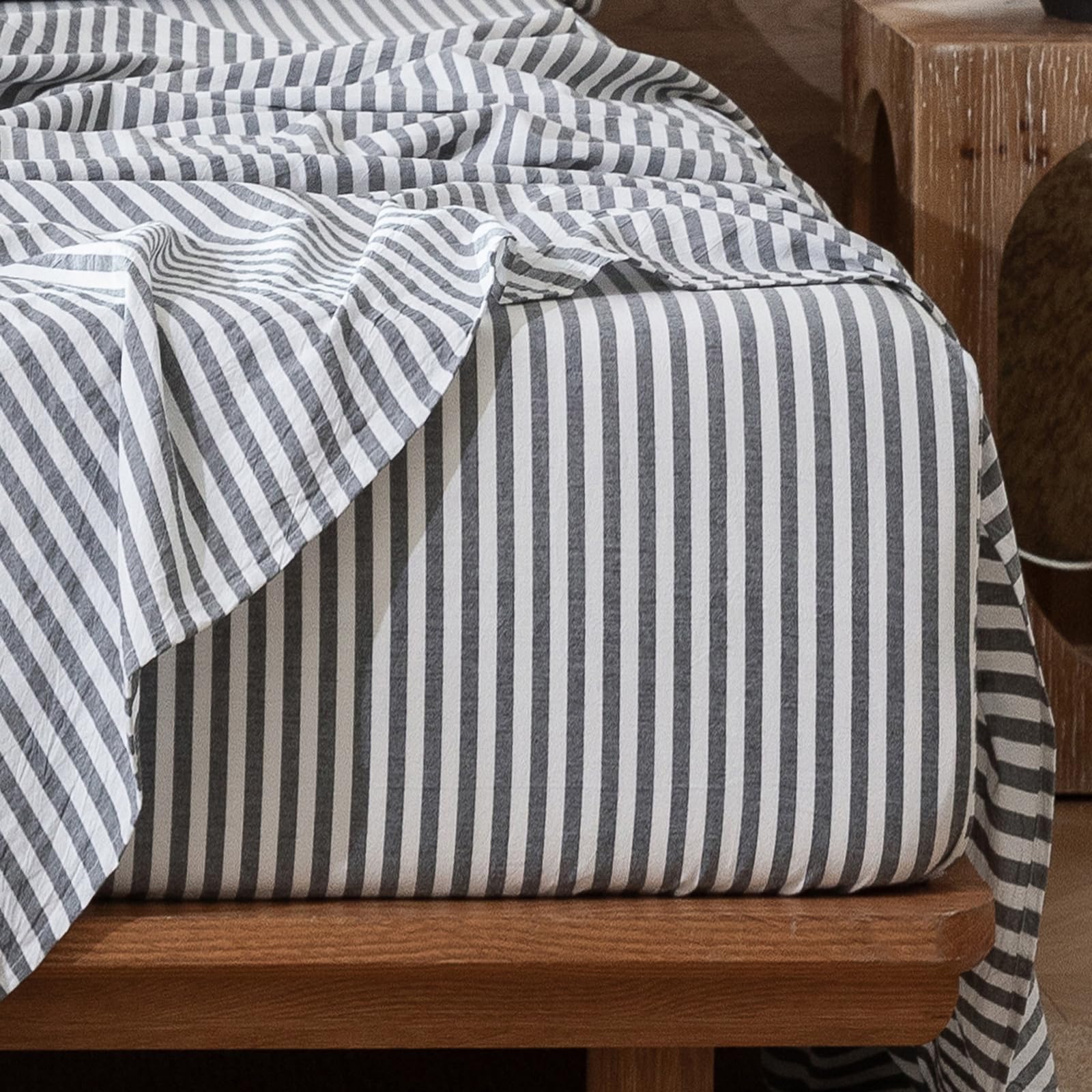 Photo 1 of MooMee Striped Fitted Bottom Sheet Only 100% Washed Cotton Linen Like Textured Breathable Durable Soft Comfy Deep Pocket Fits Mattress up to 17" (Dark Grey White Classic Stripes, Queen)