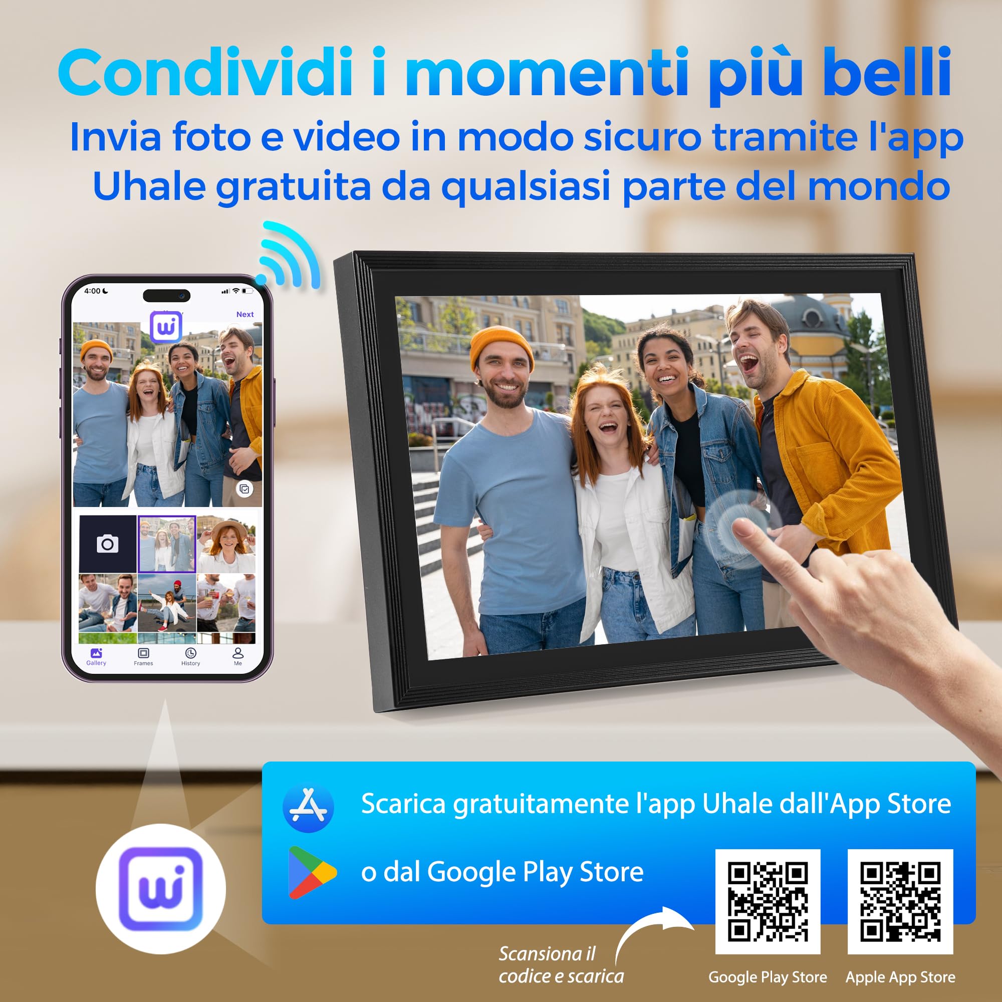 Saaf Cornice Digitale – Touchscreen 10,1" – Wifi & App ‘Uhale’ – 64GB Memoria (32GB Interna + 32GB SD) – Cornice Digitale – Nero – Facile da Usare