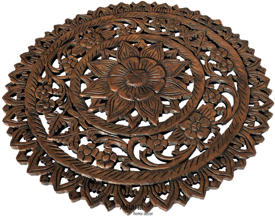 Asiana Home Decor Wandkunst, tropisches Bali-Holz, geschnitzt, Wandkunst, rund, Lotusblüte, rustikale Heimdekoration, 61 cm (braun)