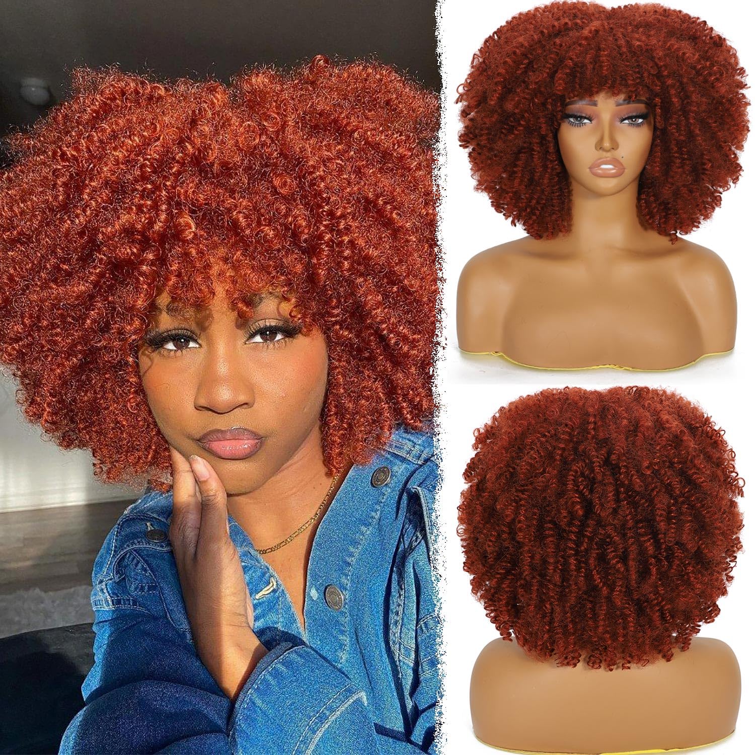 onyxrose Curly Afro Wig with Bangs Kinky Curly Wigs for Black Women Synthetic Wig with Bangs for Black Women for Daily Party（Orange）