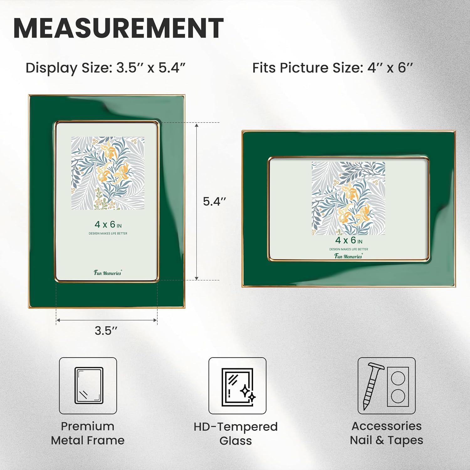 Fun Memories 4x6 Enamel Picture Frame with HD-Tempered Glass, Gold Metal Edge with Easel, Vertical & Horizontal Display, Wall and Tabletop Display Family Photo Gallery (Green Enamel,3P)