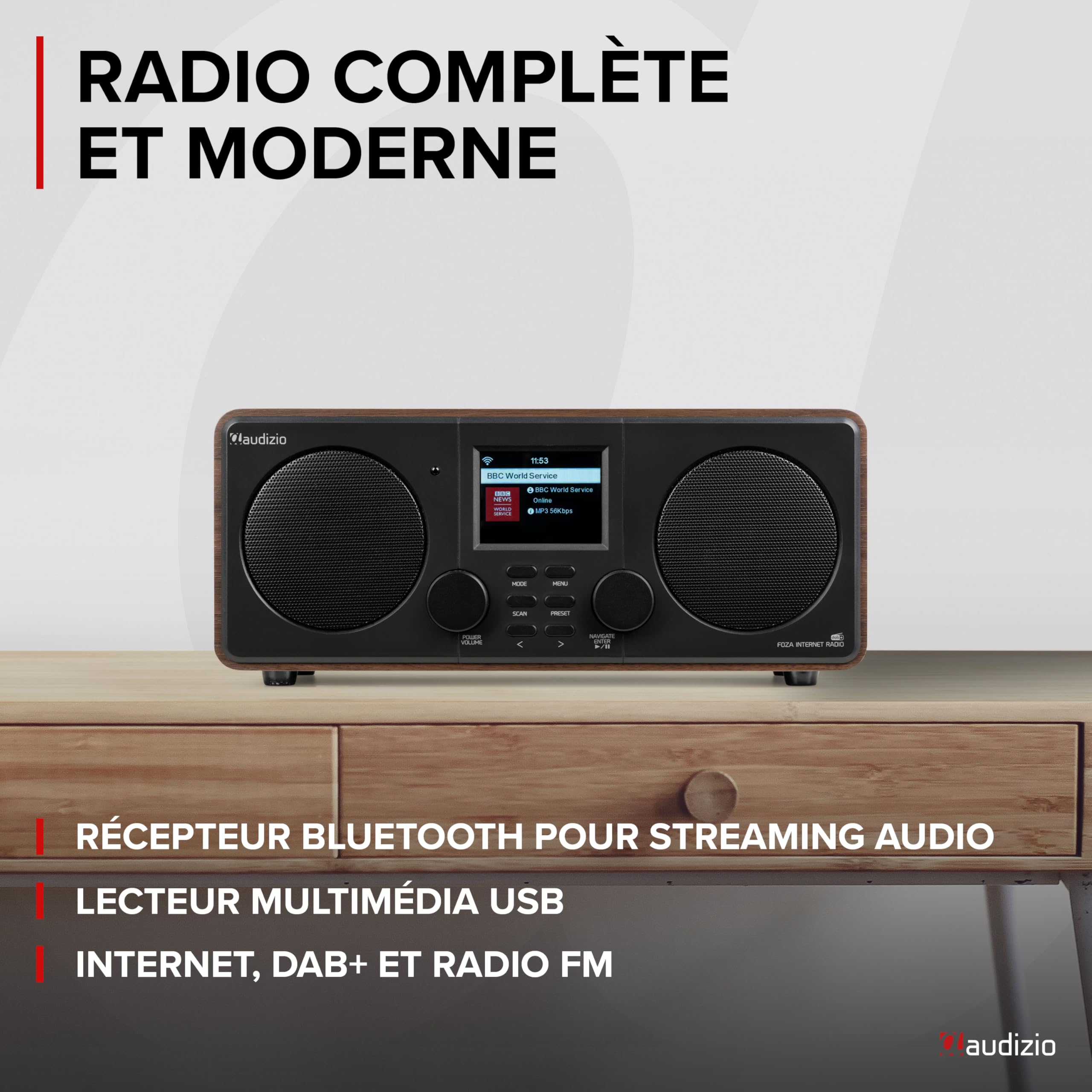 Audizio Foza - Radio Internet WiFi Stéréo, Dab+/FM et BT 5.0 - Noyer, Radio Réveil, Lecteur MP3 USB, Une Radio Idéale pour Écouter Les Radios du Monde Entier Depuis chez Vous
