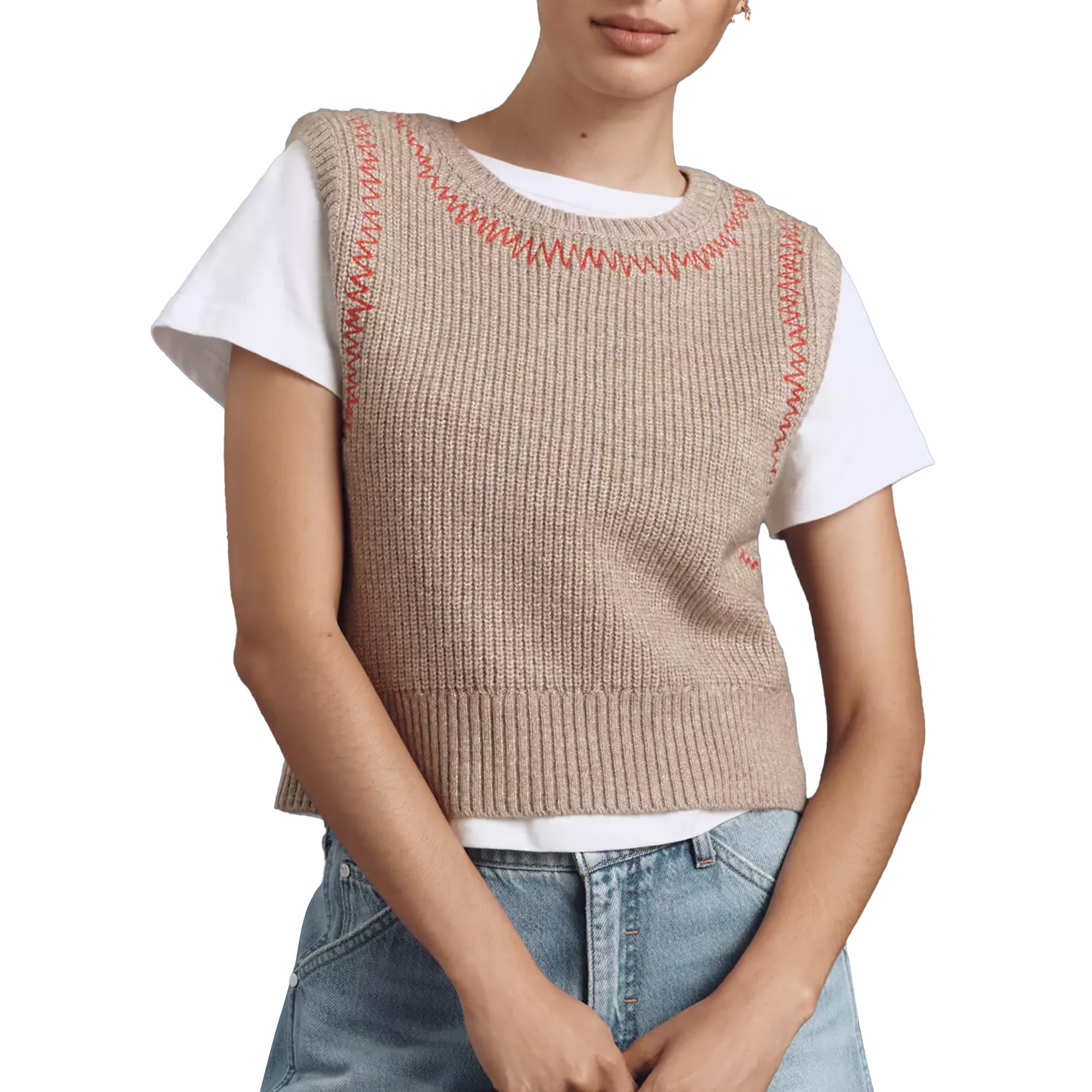 Hixiaohe Women Casual Sweater Vest Trendy Sleeveless Crew Neck Pullover Cropped Tank Tops Fashion Slim Fit Knit Clothing