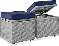 Best Choice Products 2 Wicker Ottomans with Hidden Storage, Weather-Resistant Outdoor Patio Footrests, Extra Seating & Side Tables - Gray/Navy