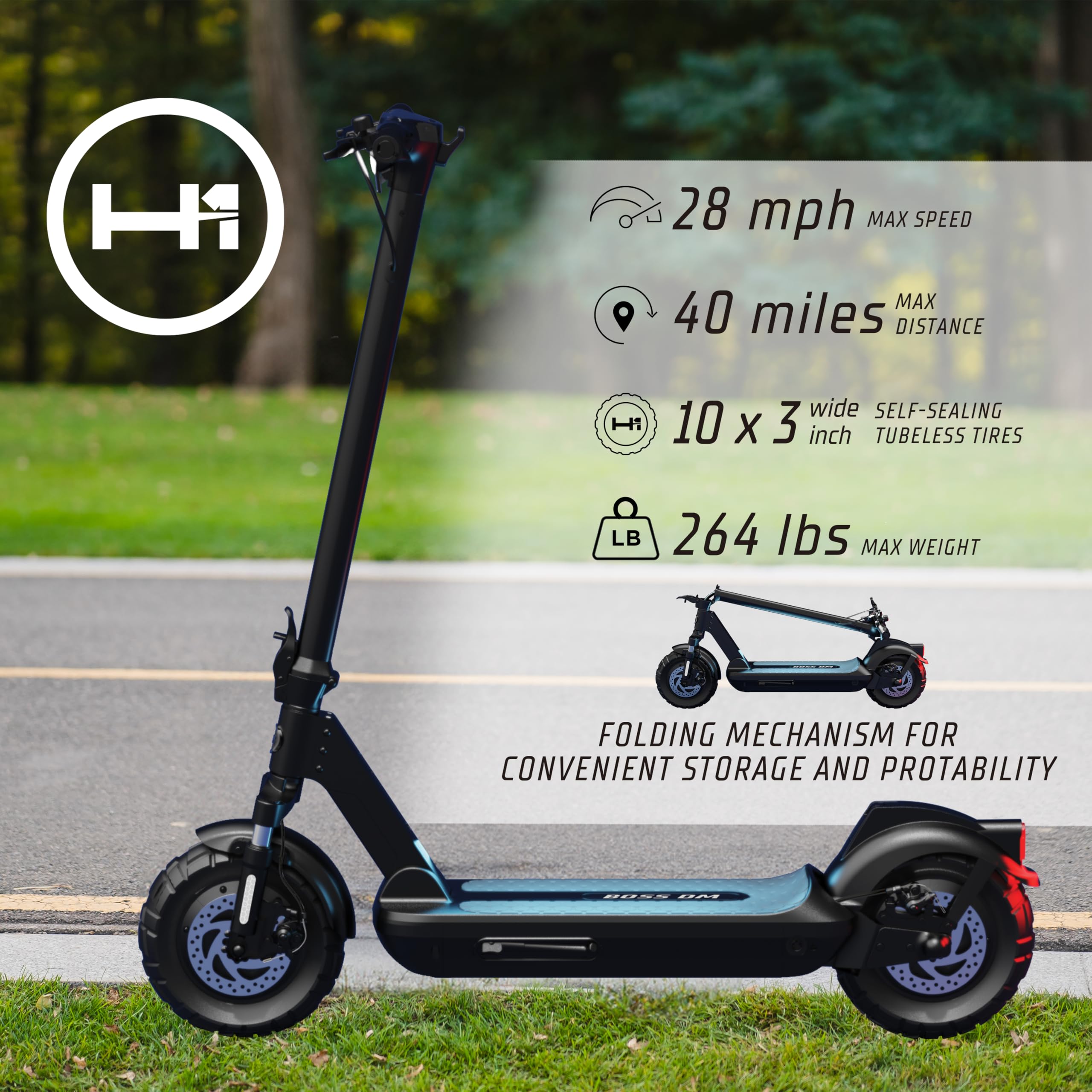 H-1 Pro Series Boss Dual Motor Foldable Electric Scooter with 1,600W Motor, 28 mph Max Speed, 10” Self-Sealing Tubeless Tires, and 40 Mile Range