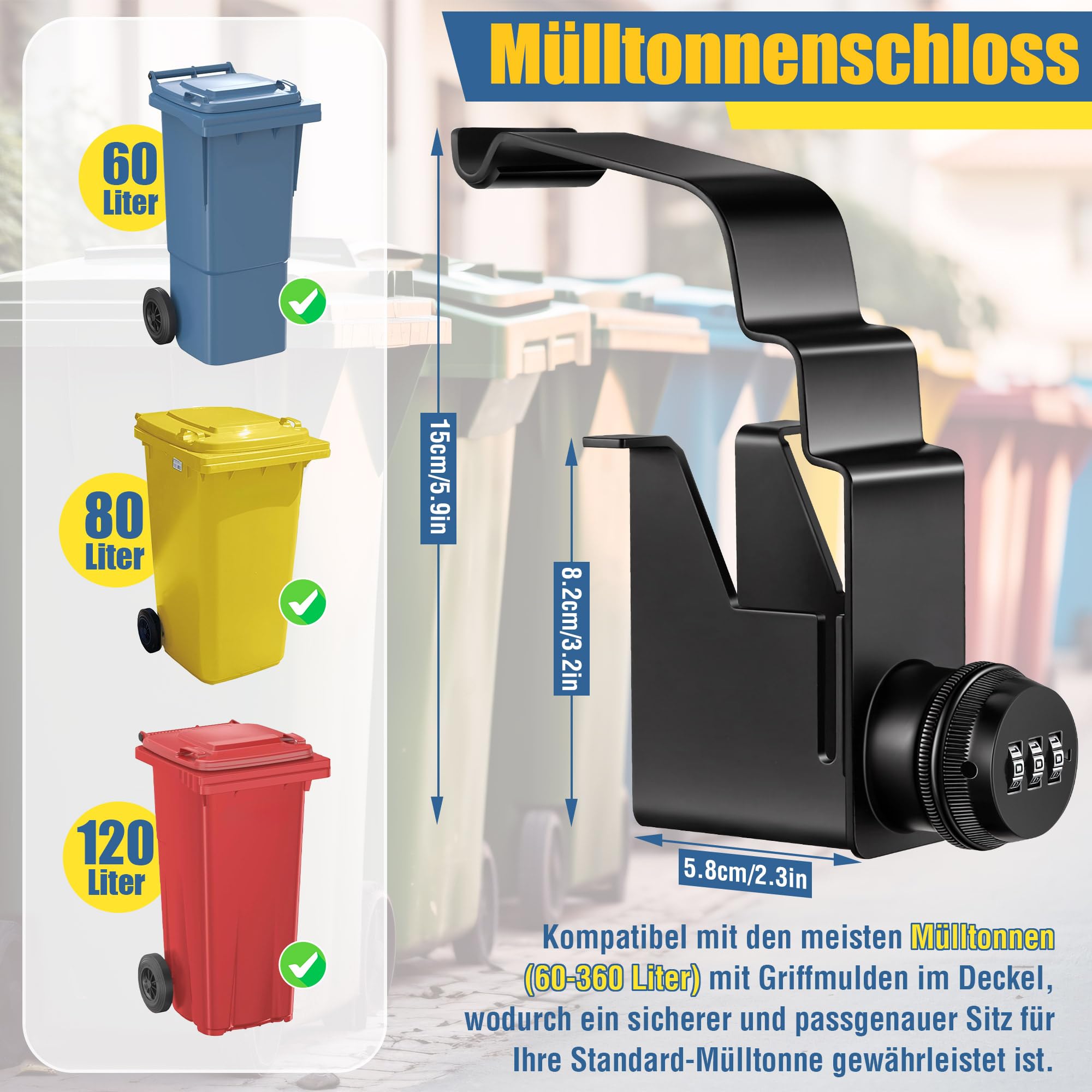 Enhon Lucchetto metallico per bidoni della spazzatura con combinazione numerica, chiusura per bidoni della spazzatura e contenitori per rifiuti da 60-360 litri