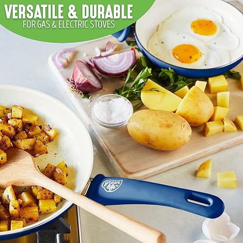 Miniatura 7 de GreenLife Soft Grip - Juego de ollas y sartenes de cerámica saludable de 16 piezas, antiadherentes de cerámica saludable de agarre azul y suave,