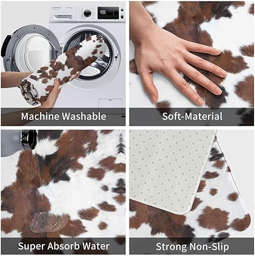 Miniatura 4 de Alfombra de baño con estampado de vaca marrón con estampado de vaca, suave, absorbente, antideslizante, para cocina, baño, lavandería, dormitorio,