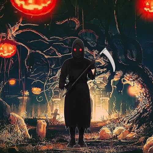 Miniatura 2 de Grim Reaper Halloween Costume for Kids with Glowing Red Eyes, Scythe, Gloves for Boys, Kids and Adult