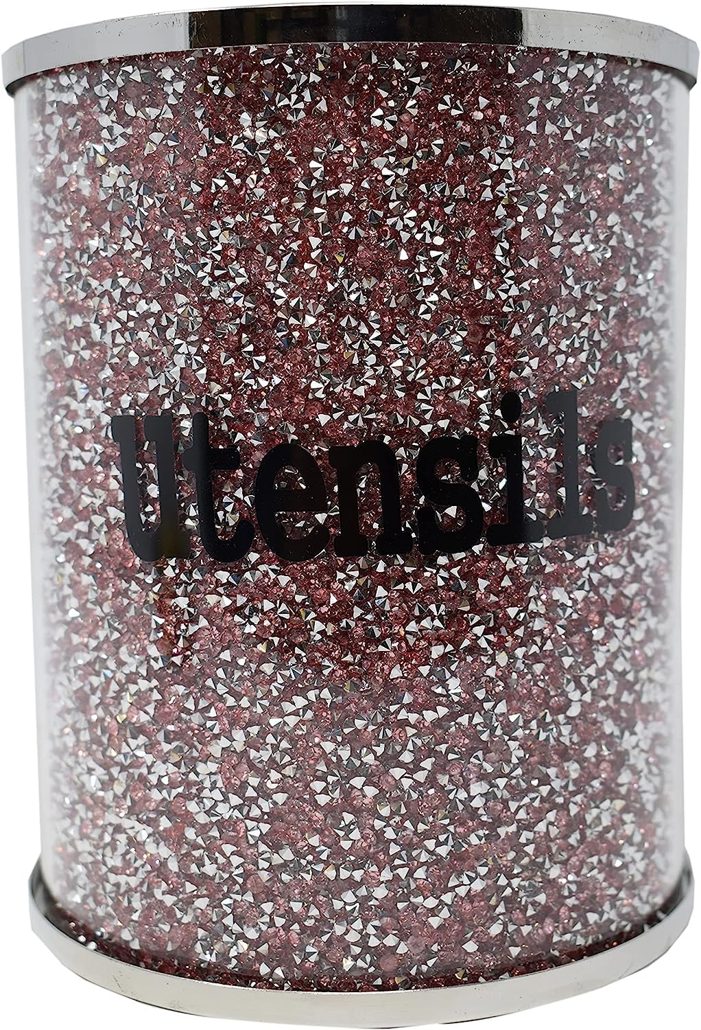 Jayogla Pink, Black, Silver Crushed Diamond Glass Kitchen Utensil Crock Holder Metal Frame Round Cylinderglittering Effect And Mimic The Appearance Best Kitchen And Home Decoration (Pink)