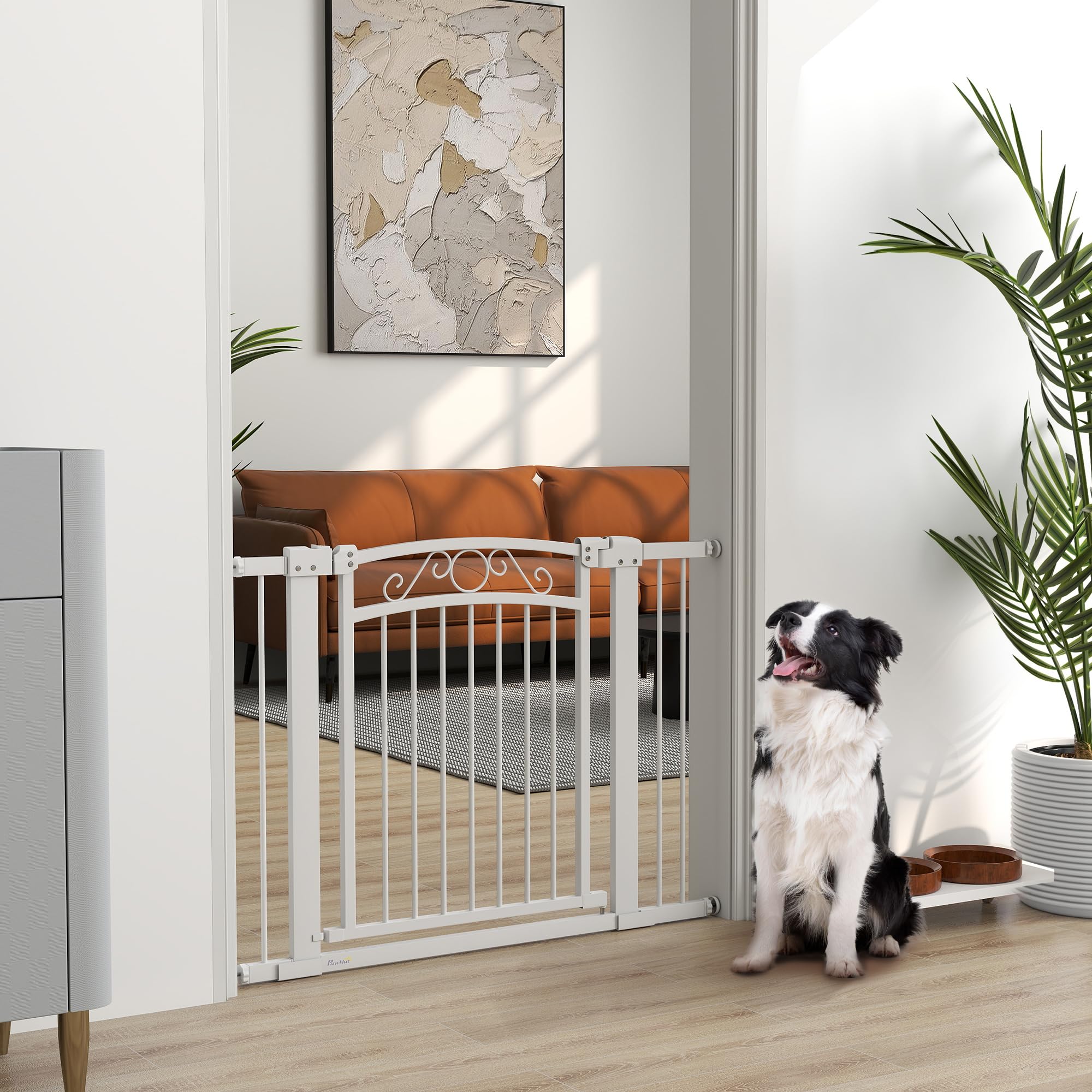 PawHut Barrera para Perros con Cierre Automático, Puerta para Perros 76-104 cm, Barrera de Seguridad con 2 Extensiones 7/14 cm, Fácil Montaje, Doble Bloqueo, para Escaleras y Puertas, Blanco