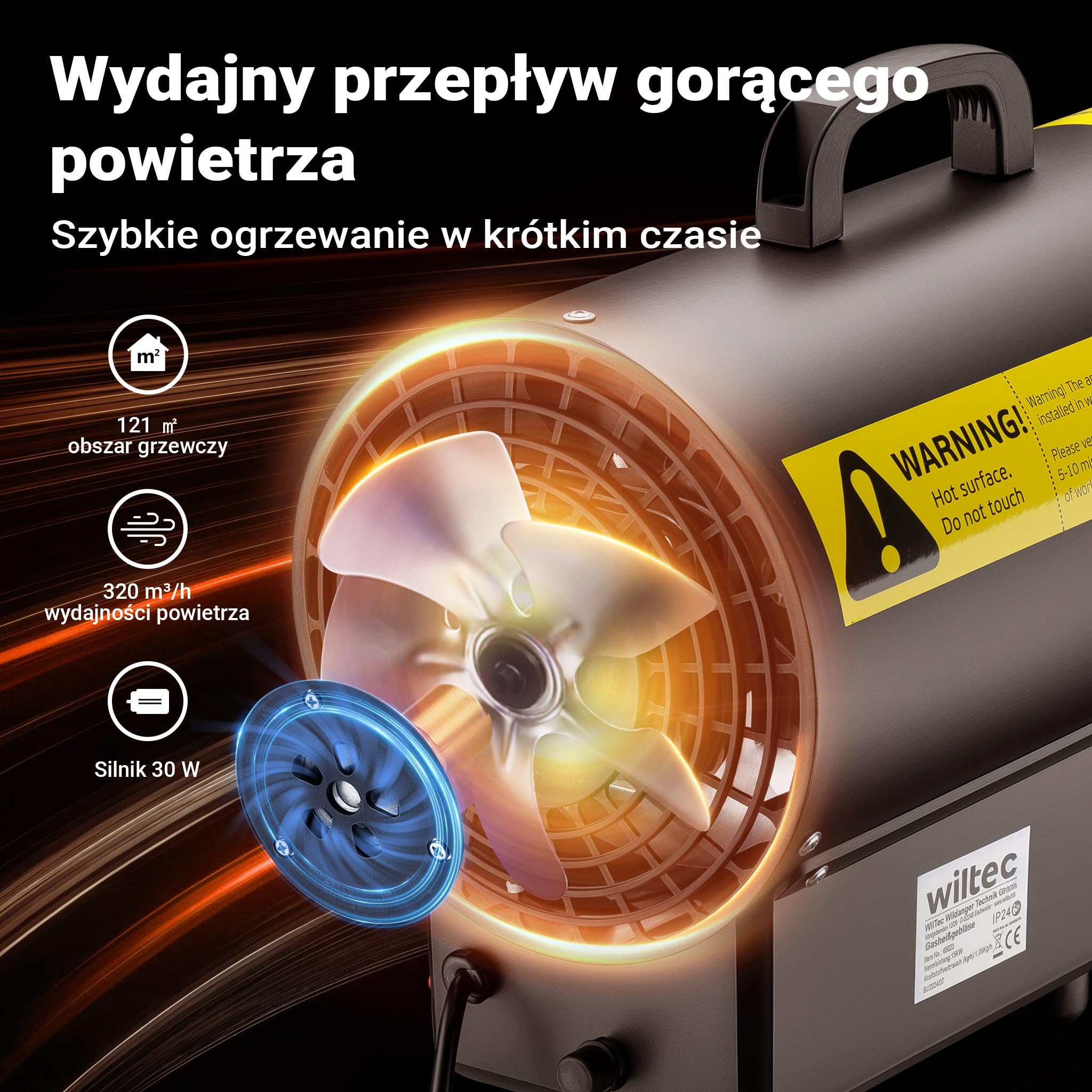 Wiltec Nagrzewnica gazowa 15 kW, przemysłowa dmuchawa do dużych powierzchni, ogrzewacz gazowy z piezoelektrycznym zapłonem, nagrzewnica budowlana