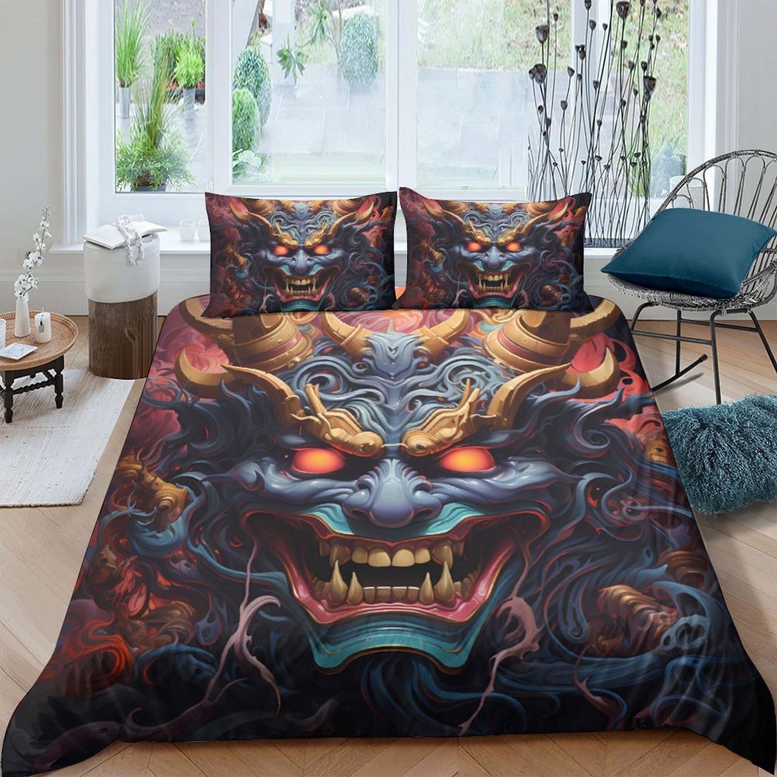 Ctjqhvkz Style-9 3D Printed Demon Mask Fitted Sheet Microfiber Soft Breathable Fire Oni Bed Cover For Bedroom Dorm Mattress Protection Decor Single（135X200cm）