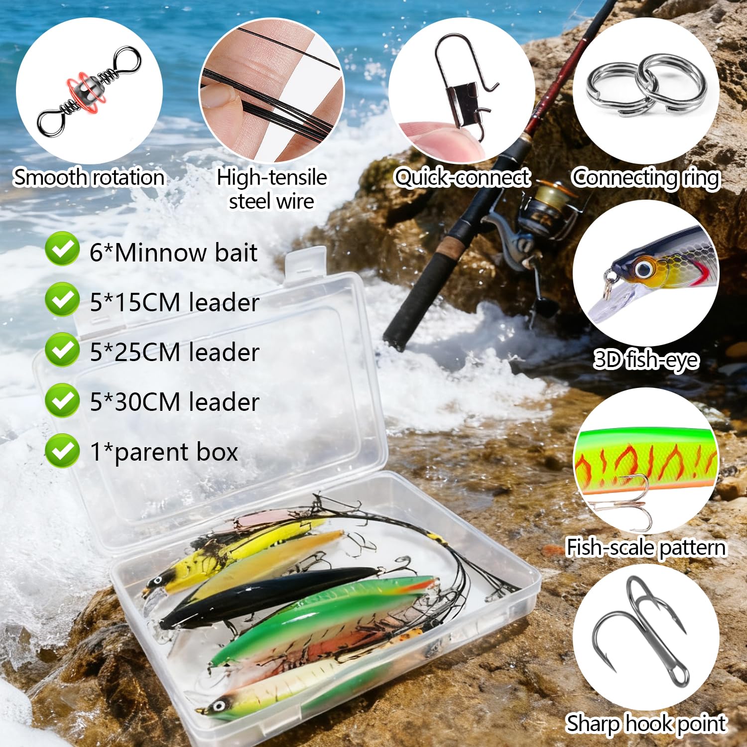 6 Piezas 22 G/14 CM Señuelos Spinning Flotante Minnow, Jig Pesca de Plástico ABS, Anzuelo Triple Señuelos Pesca, con 15 Líder(15/25/30 CM) y Estuche, para Depredadores Medianos y Grandes