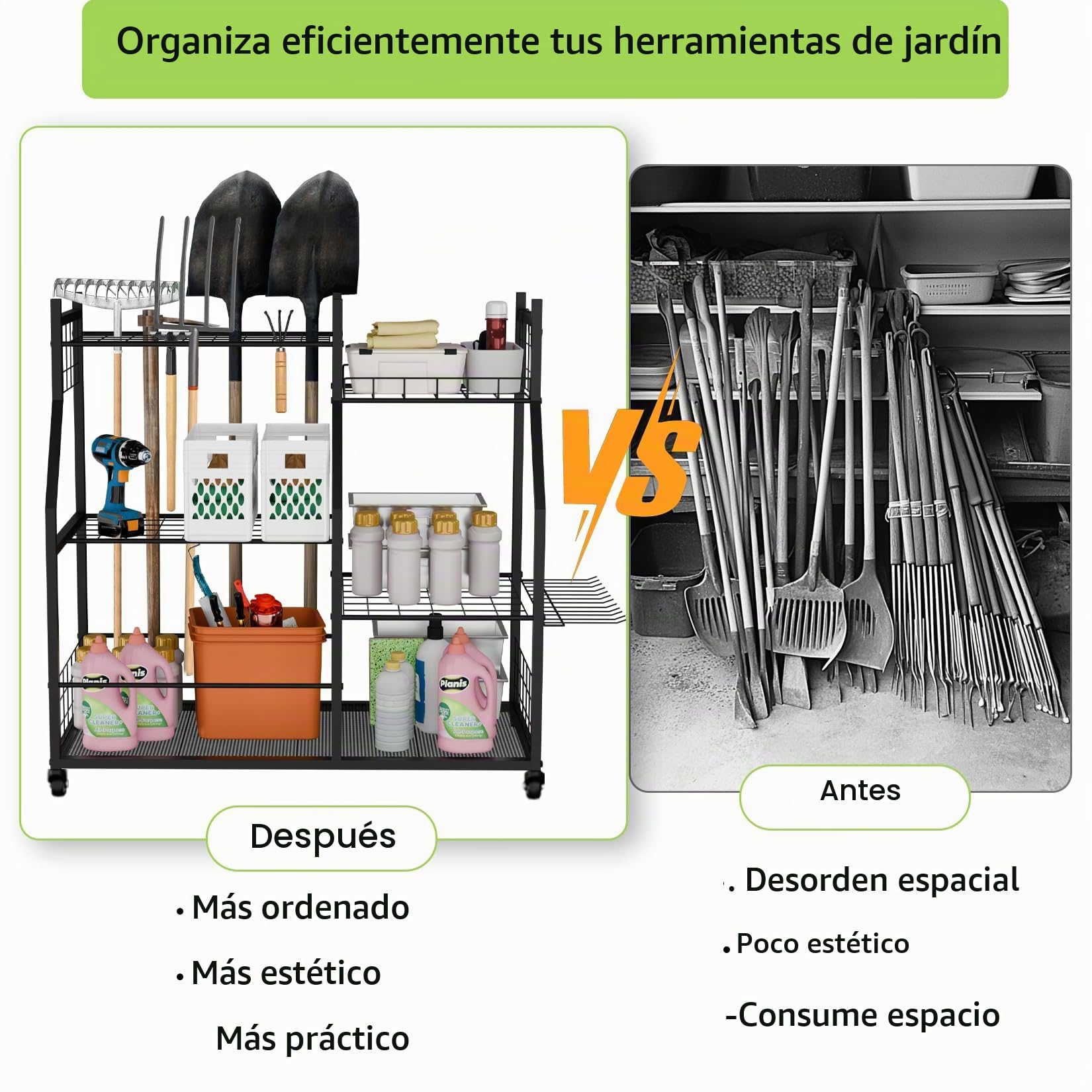 unho Estantería para Herramientas de Jardín con Ruedas - Estantería de Almacenamiento de 3 Niveles para Garaje con 45 Ranuras para Mangos y 30 Ganchos, para Garage, Taller y Exterior