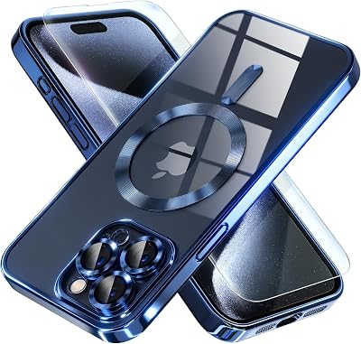 Magnetisches Klares Weiches Etui mit Vorsatzglas-Displayschutz für Compatible with iPhone 16 Pro Max, Nie-Vergelbender Militär-Grade Fallschutz Vollständige Kameraobjektiv-Abdeckung – Dunkelblau