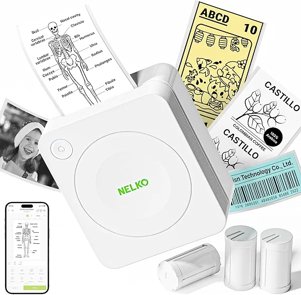 Nelko Sticker Printer, PM230 Print Pod Mini Bluetooth Portabel Sticker Maker with 3 Rolls Paper, Print Pods Mini Printer with Multiple Templates for Phone & Tablet，for School Office Home, White