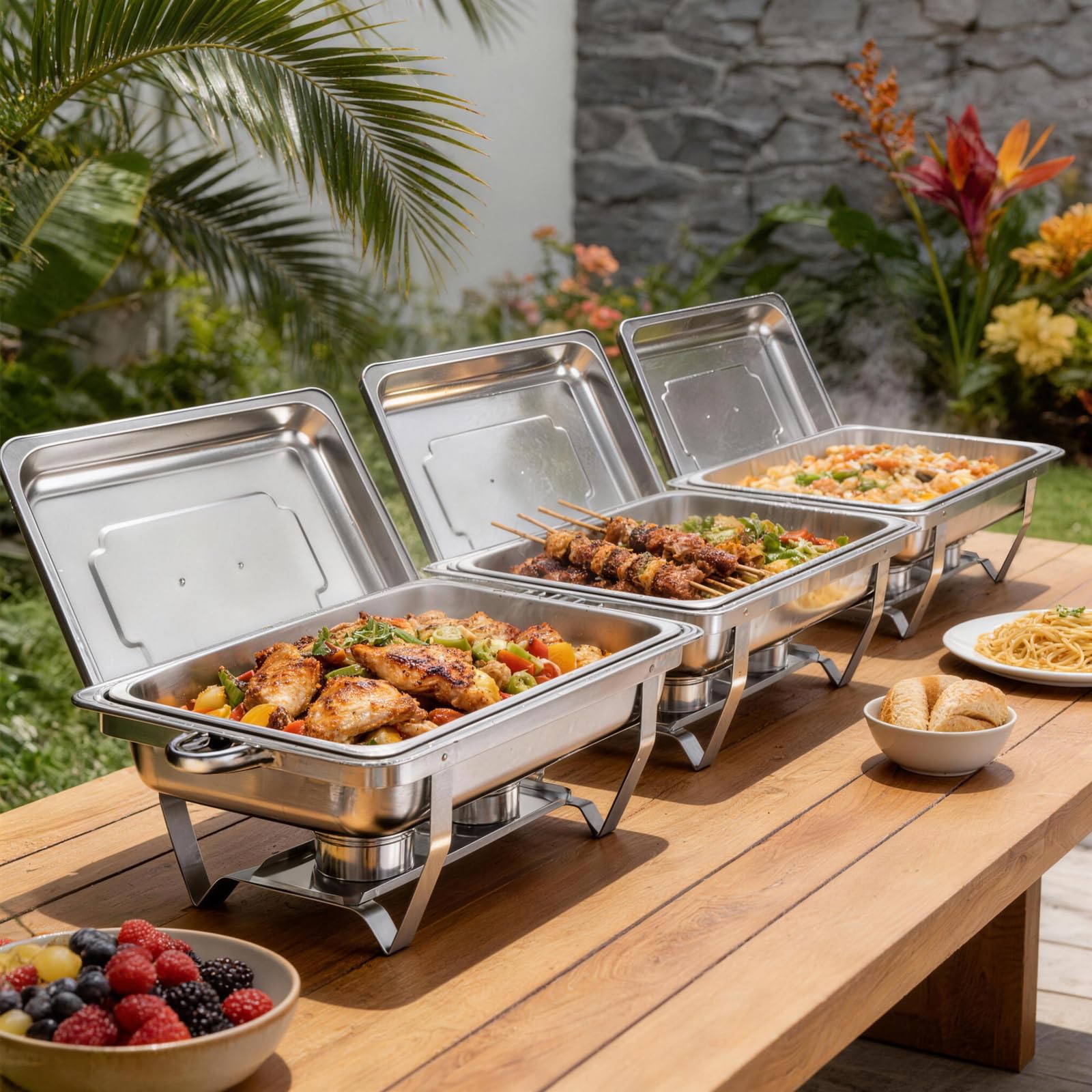 Chafing Dish Speisenwärmer 9L Edelstahl Buffetwärmer Warmhaltebehälter mit Deckel Lebensmittelpfannen und Brennstoffhaltern für Catering, Buffet und Party (4 Sets)