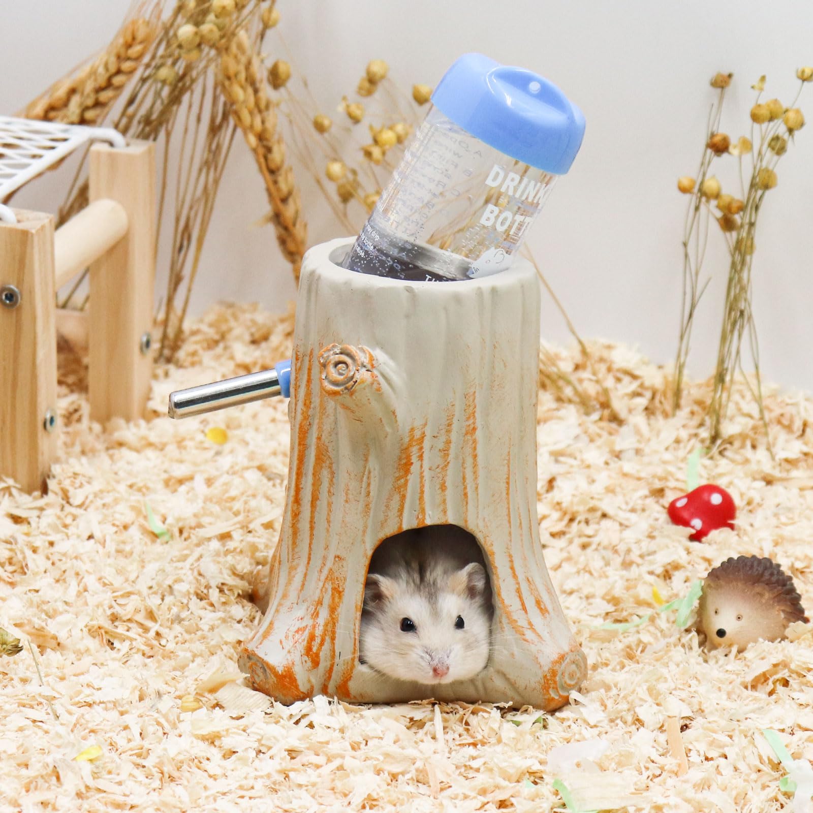 Hamster Water Bottle, Adjustable Resin Stump Water Stand Holder with 80 ML Water Bottle, Small Animal Cage Accessories and Decoration, Suitable for Hamsters Rats