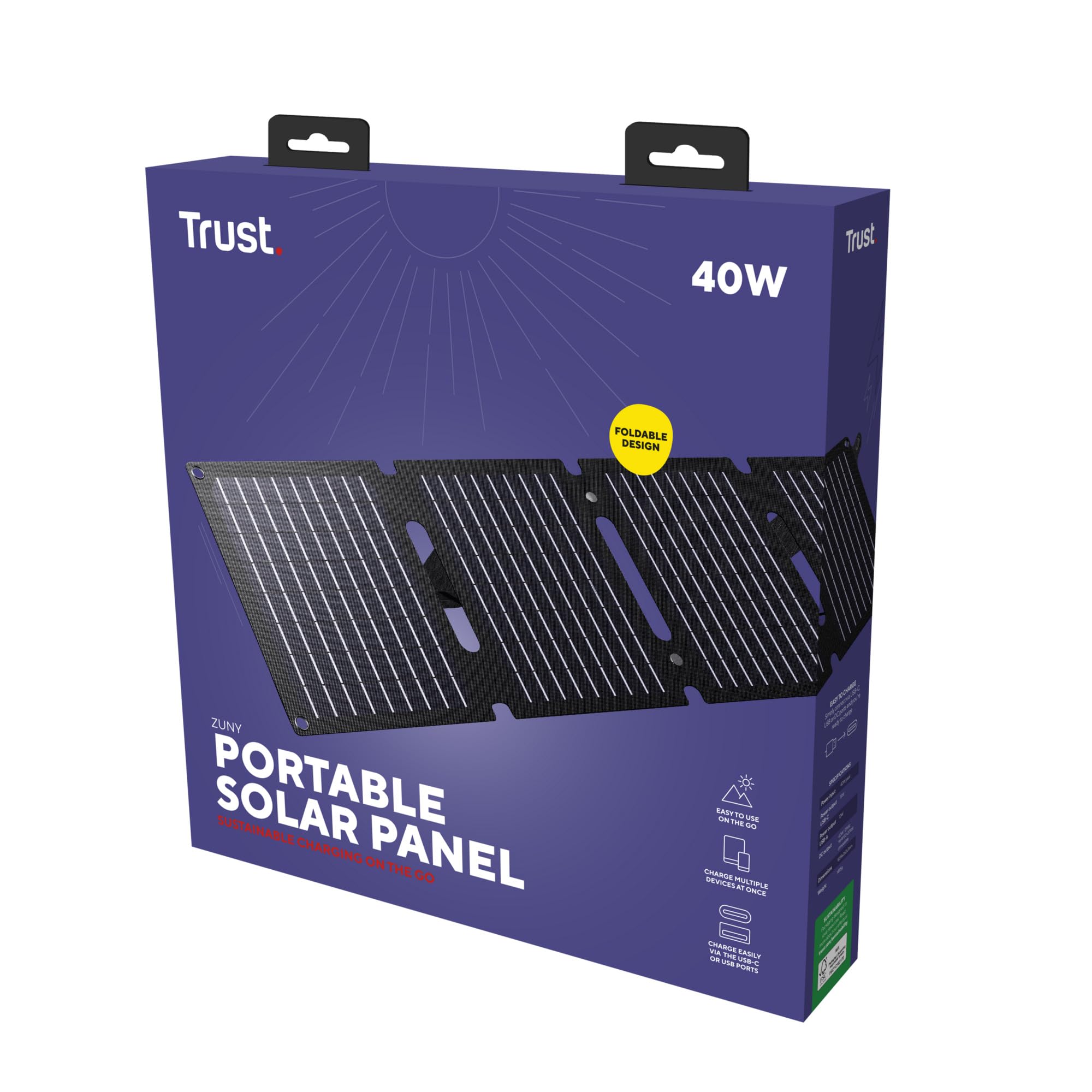 Trust Zuny 40W Pannello Solare Portatile USB-C USB-A Caricabatterie Solare | Porta di Uscita CC, Caricatore Portatile da Campeggio, Pannelli Solari 15W Smartphone Tablet Power Bank Balcone Viaggi