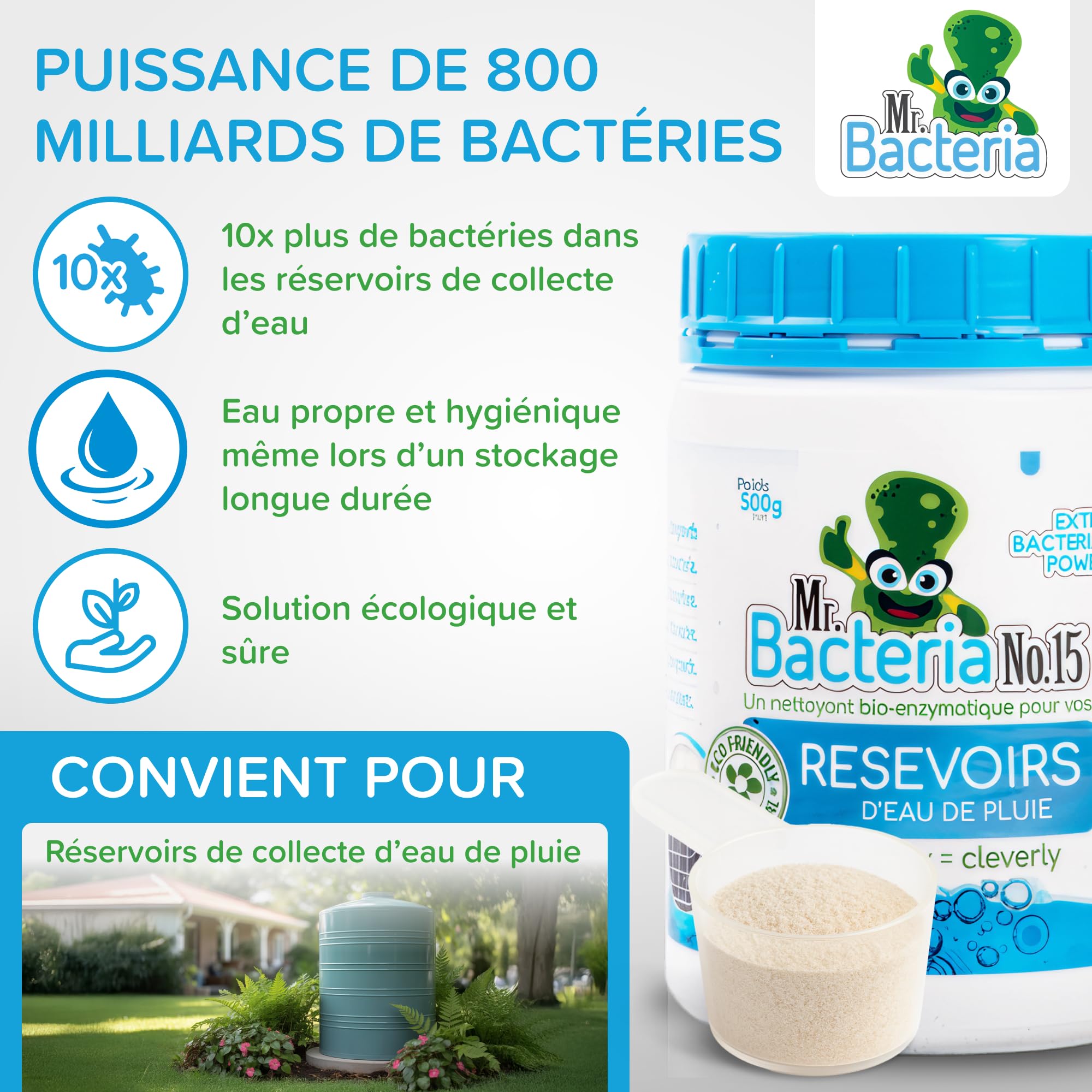 Mr. Bacteria N°15 Nettoyant bio-enzymatique pour vos réservoirs d'eau de pluie 500 g