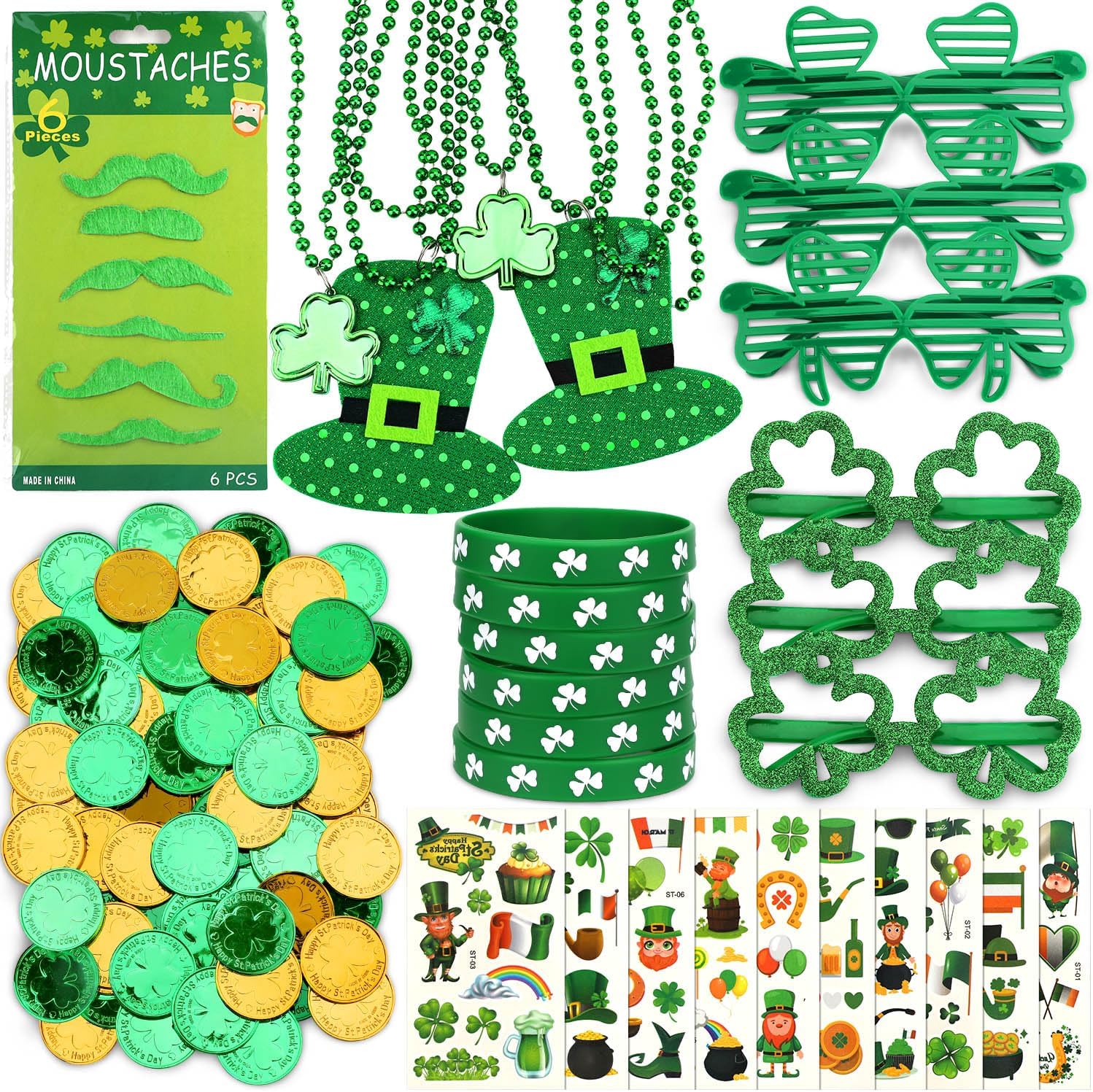 196 Pcs St. Patricks Day Accessories Necklaces Green Gold Coins Irish Decor, Green Beads Shamrock st Patricks Day Accessories